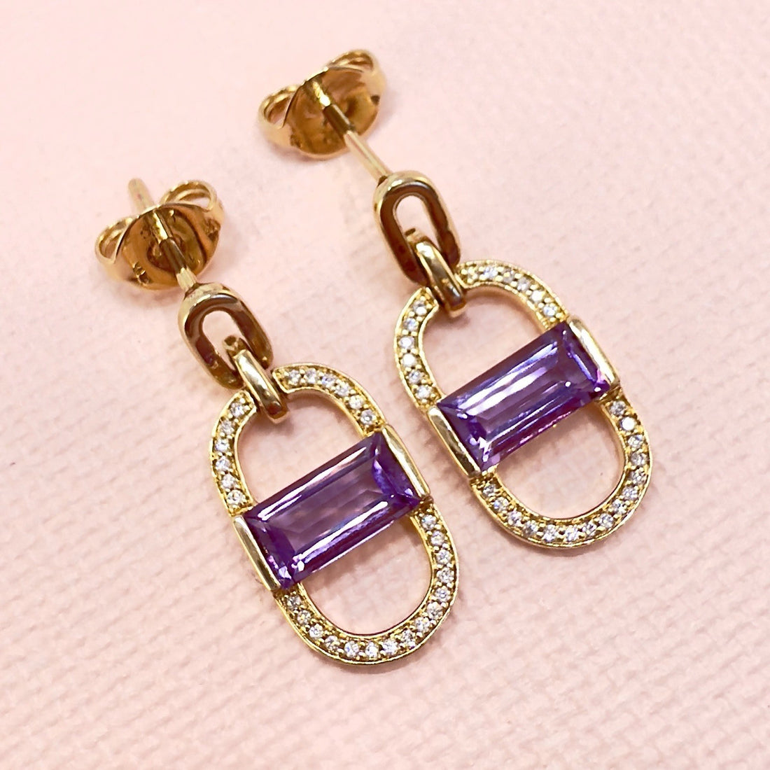 14k Yelow Gold Genuine Amethyst & Diamond Monernist Dangle Earrings, New