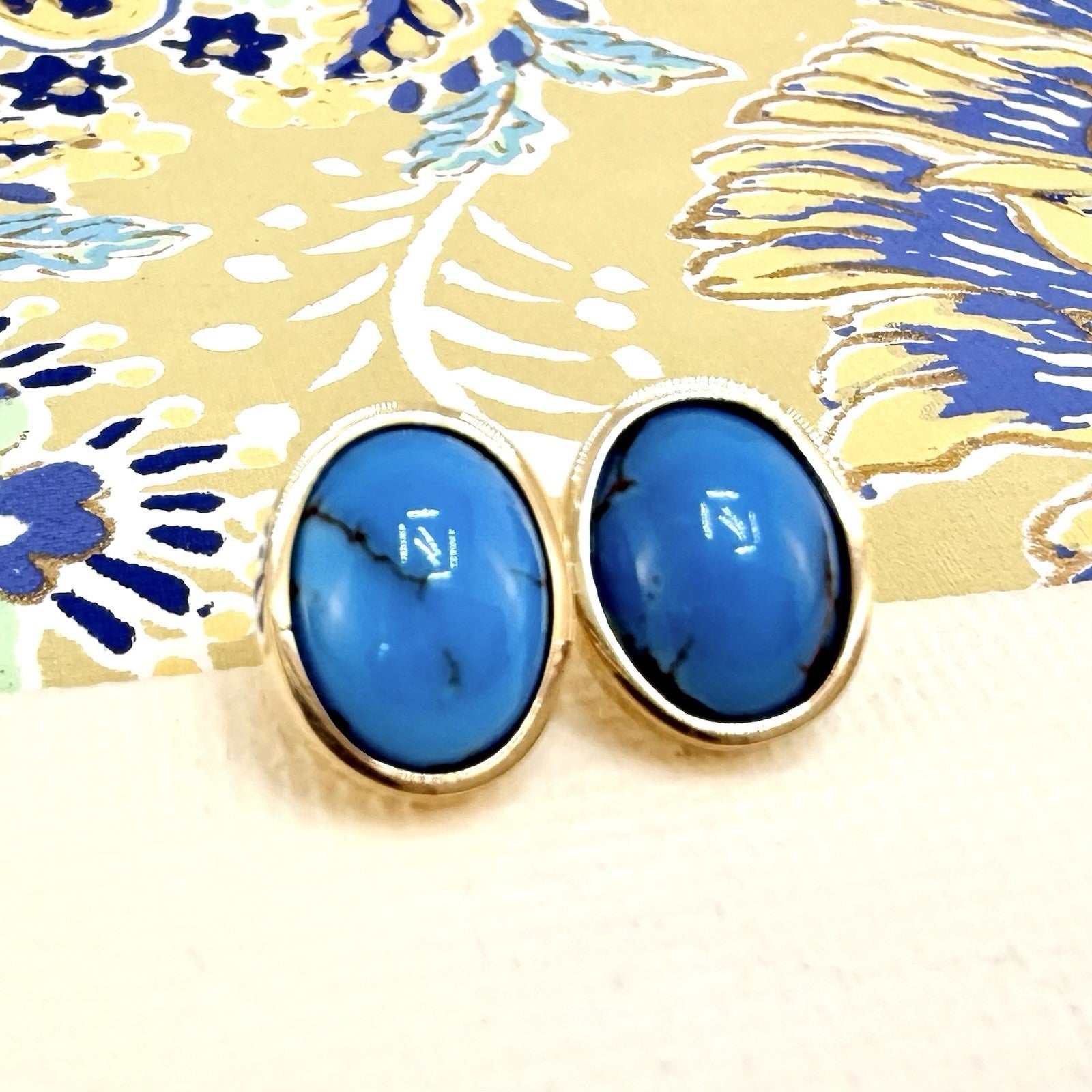 14k Yellow Gold Egyptian Turquoise Custom Made Stud Earrings, New Pair #3