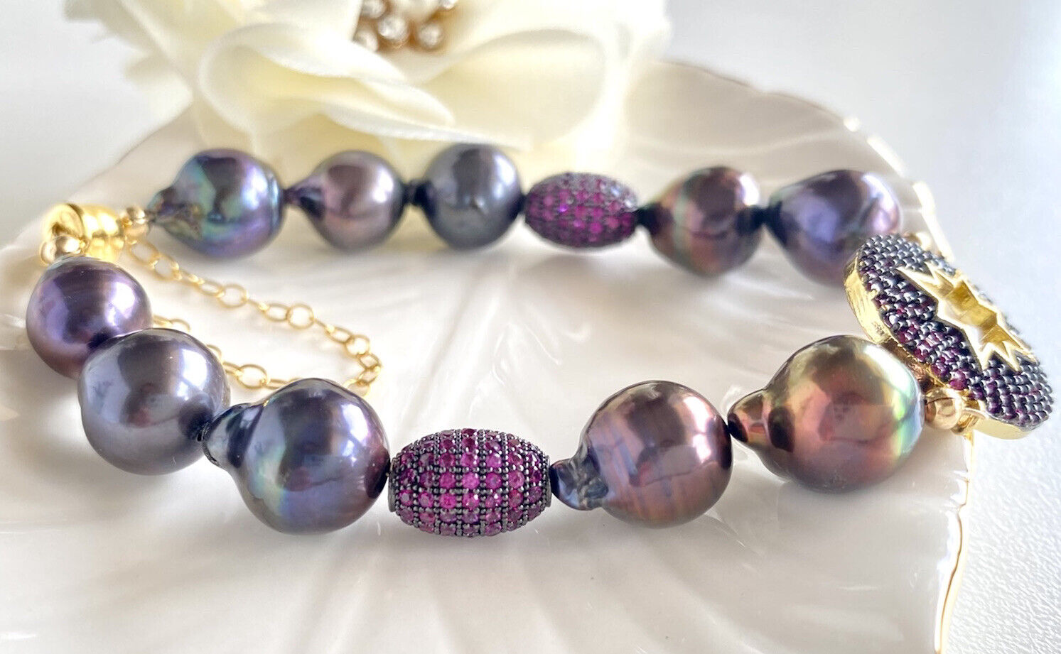 Peacock Akoya Baroque Pearls 14K Vermeil/GF North Star Bracelet, New 7.5" Pink