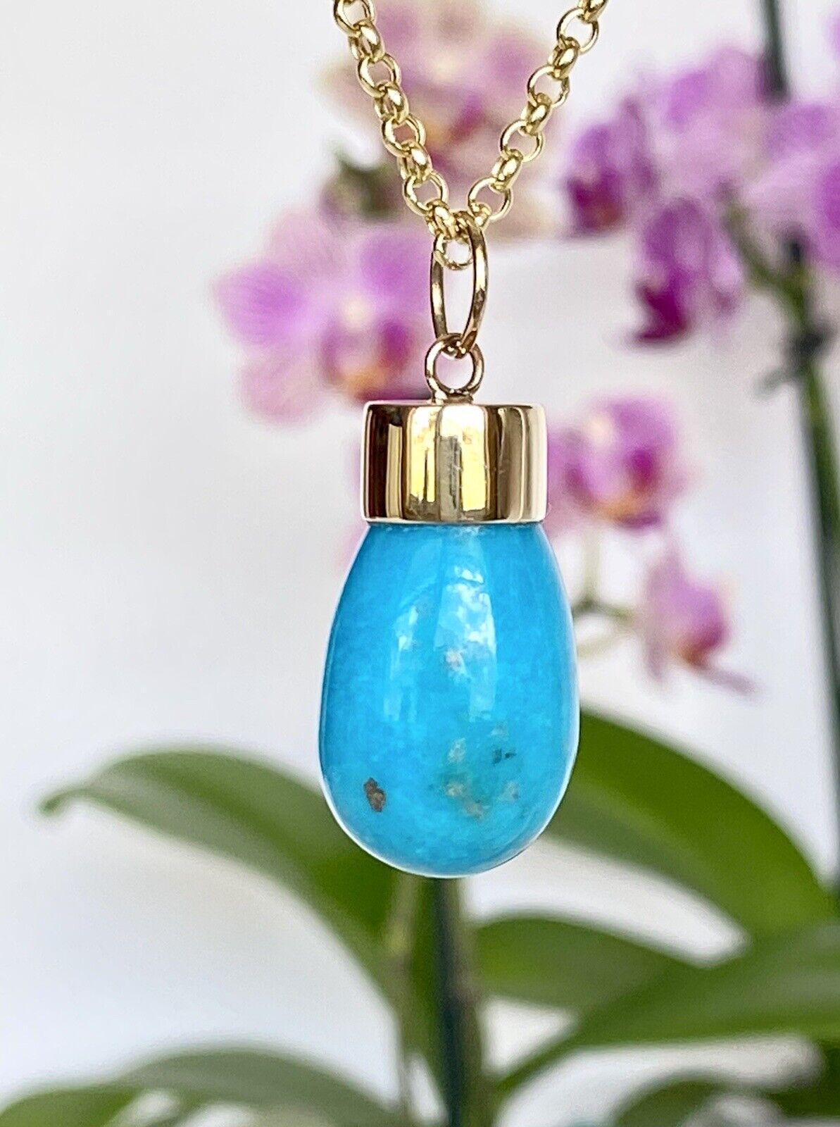 Natural Egyptian Turquoise (24ctw) & Solid 14K Yellow Gold Pendant, New 1.32" #1