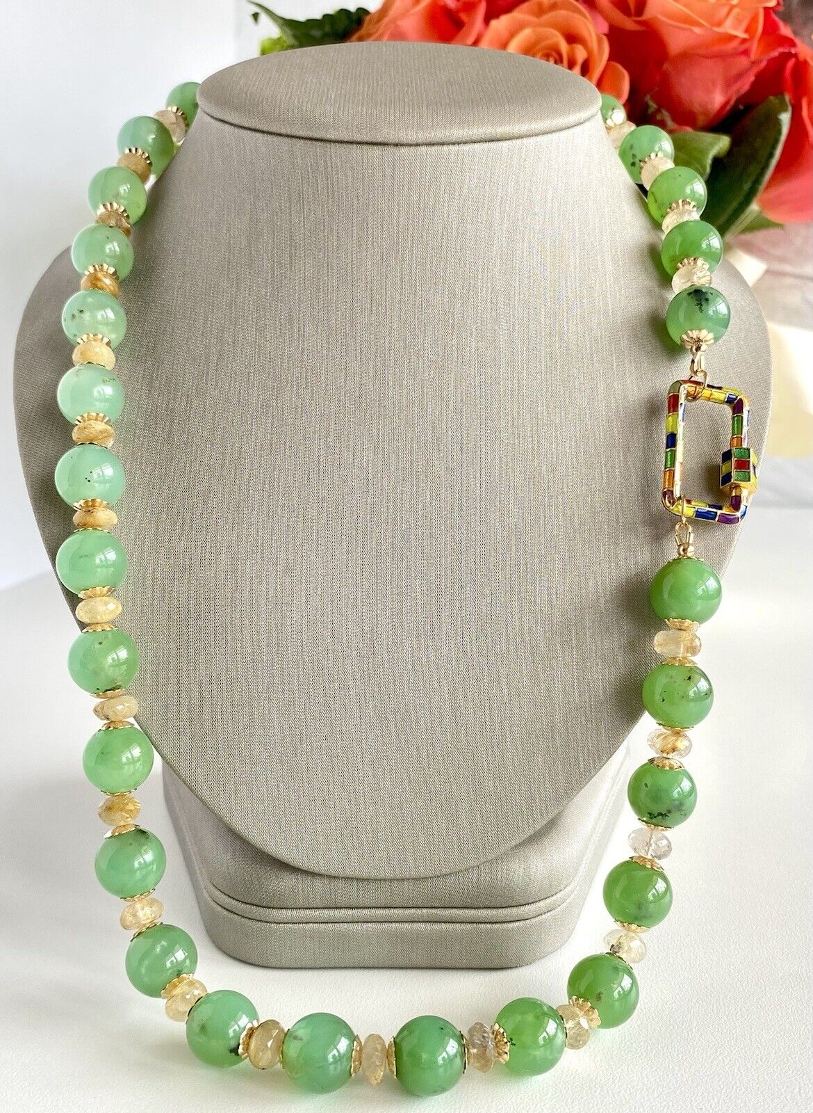 Natural Chrysoprase & Rutilated Quartz 14K GF Necklace, New, 24.75"