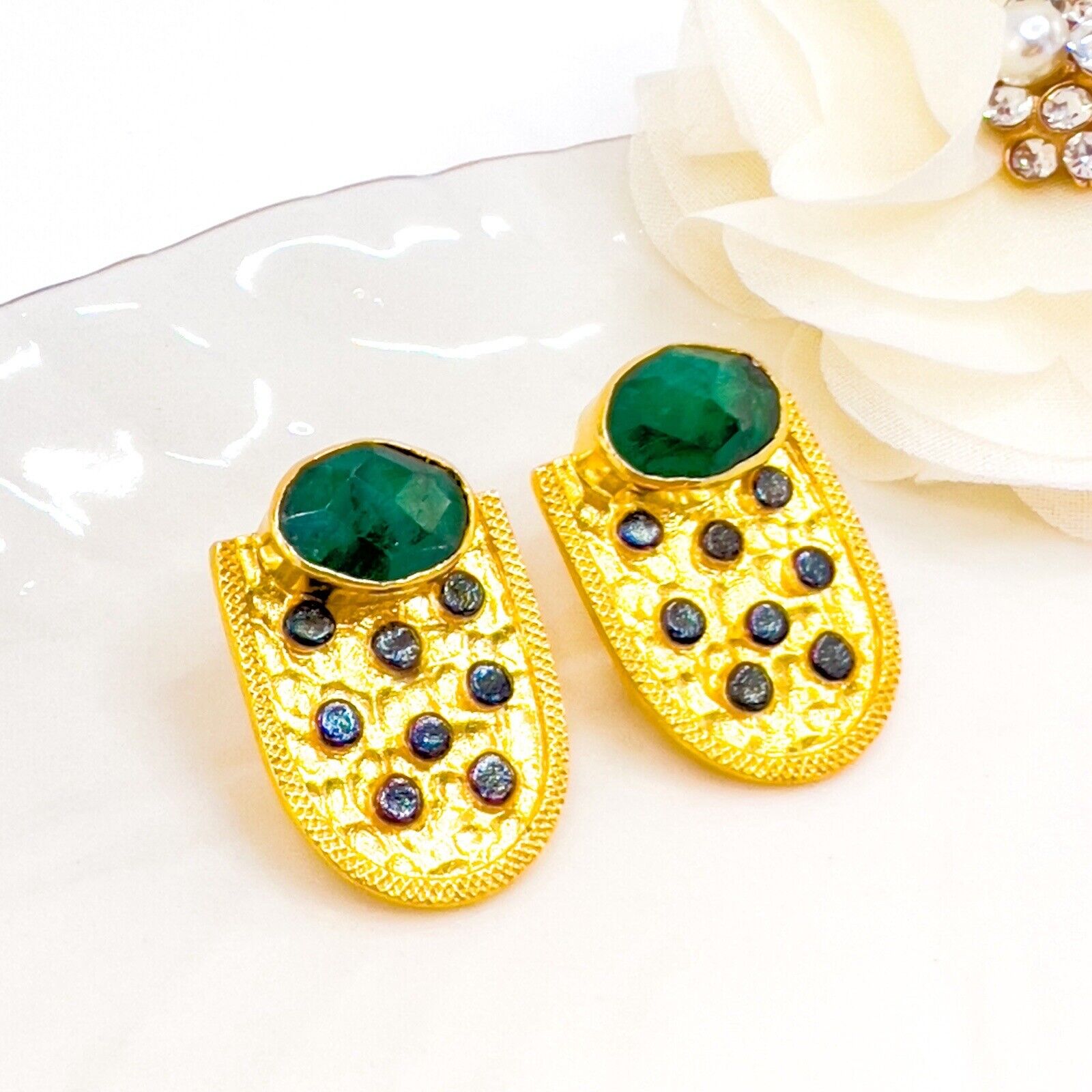 Genuine Emerald 22k Gold Over Sterling Silver Dangle Earrings, New