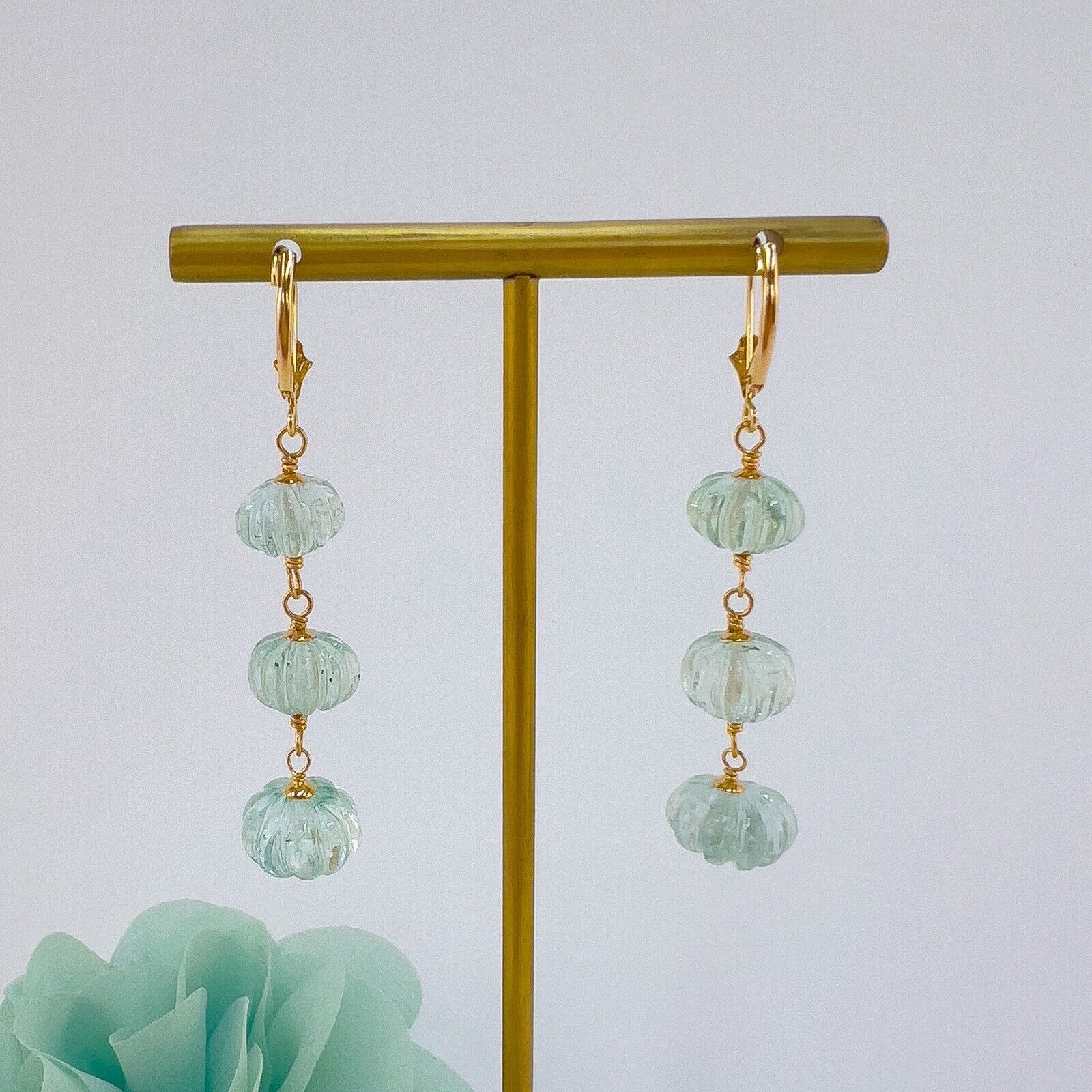 Genuine Aquamarine Fluted Rondelle 14k Yellow Gold Dangle/Drop Earrings, New