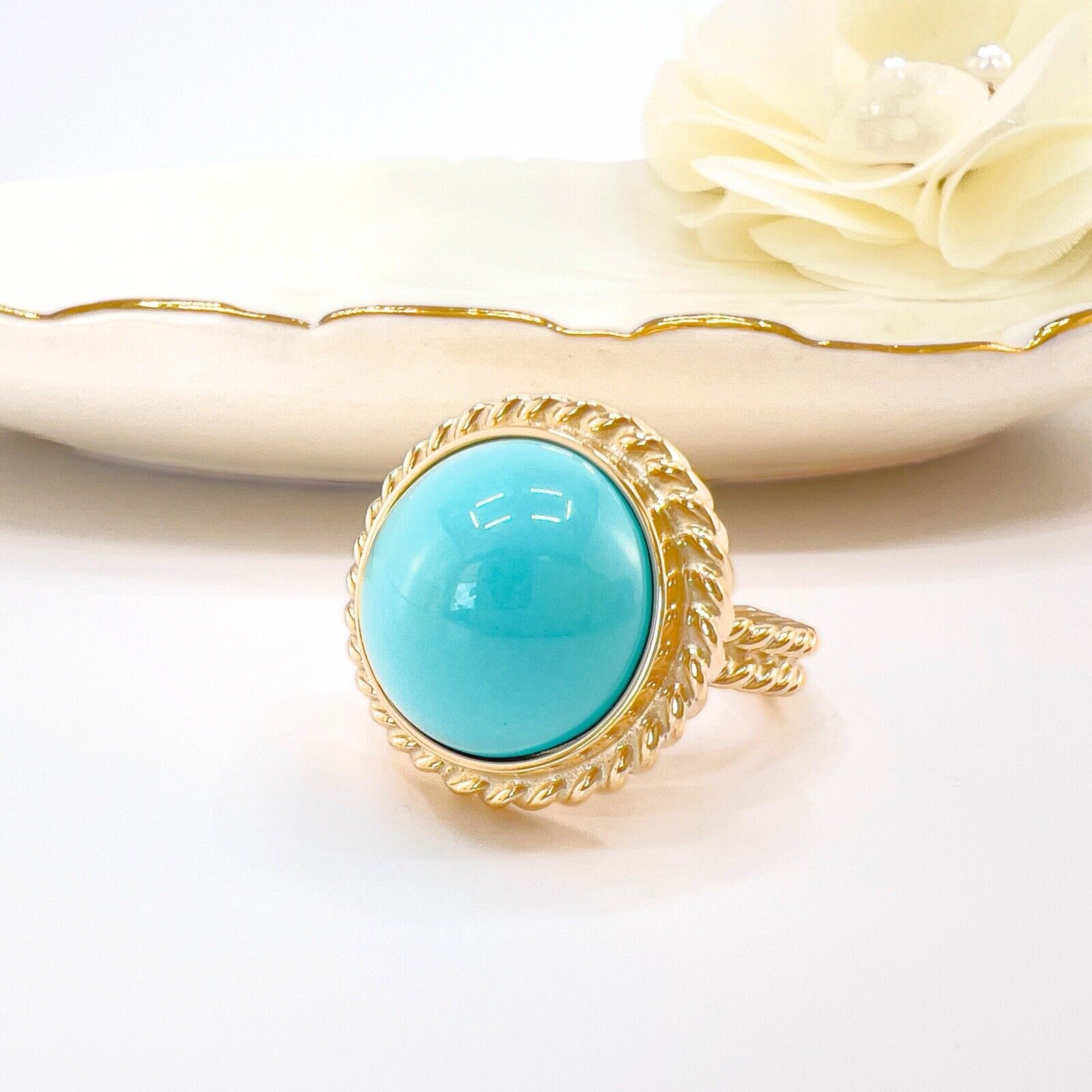 14k Yellow Gold Persian Turquoise (15mm) Handcrafted Ring, New, Size 6.75