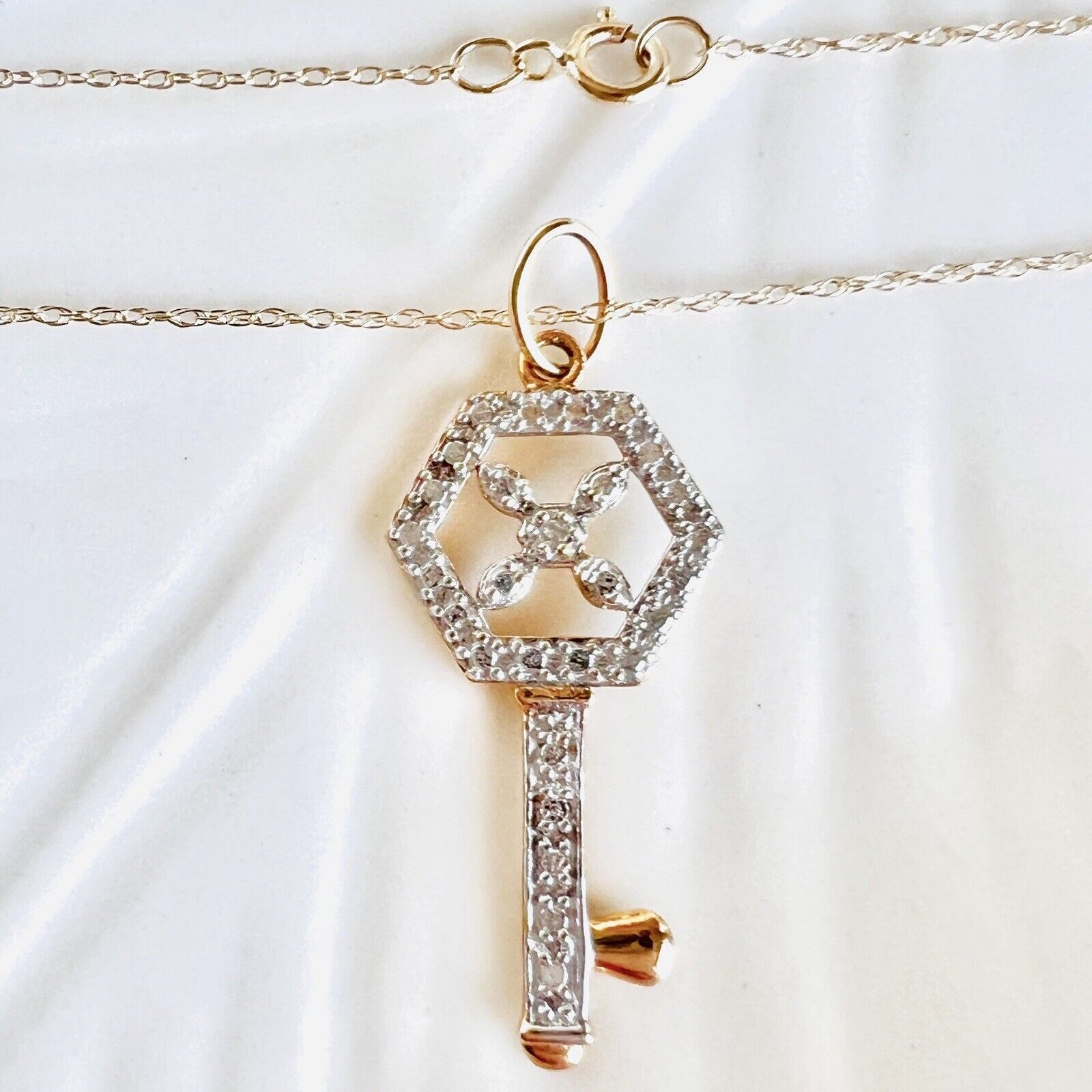Solid 10k Yellow & White Gold & Diamond Hexagonal Skeleton Key Pendant Necklace,