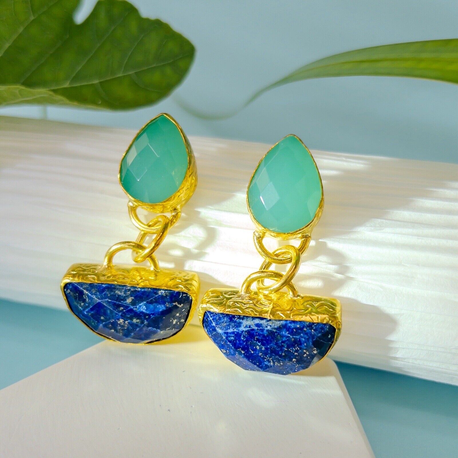 Etruscan Revival Genuine Green Chalcedony & Lapis Lazuli GP Dangle/Drop Earrings