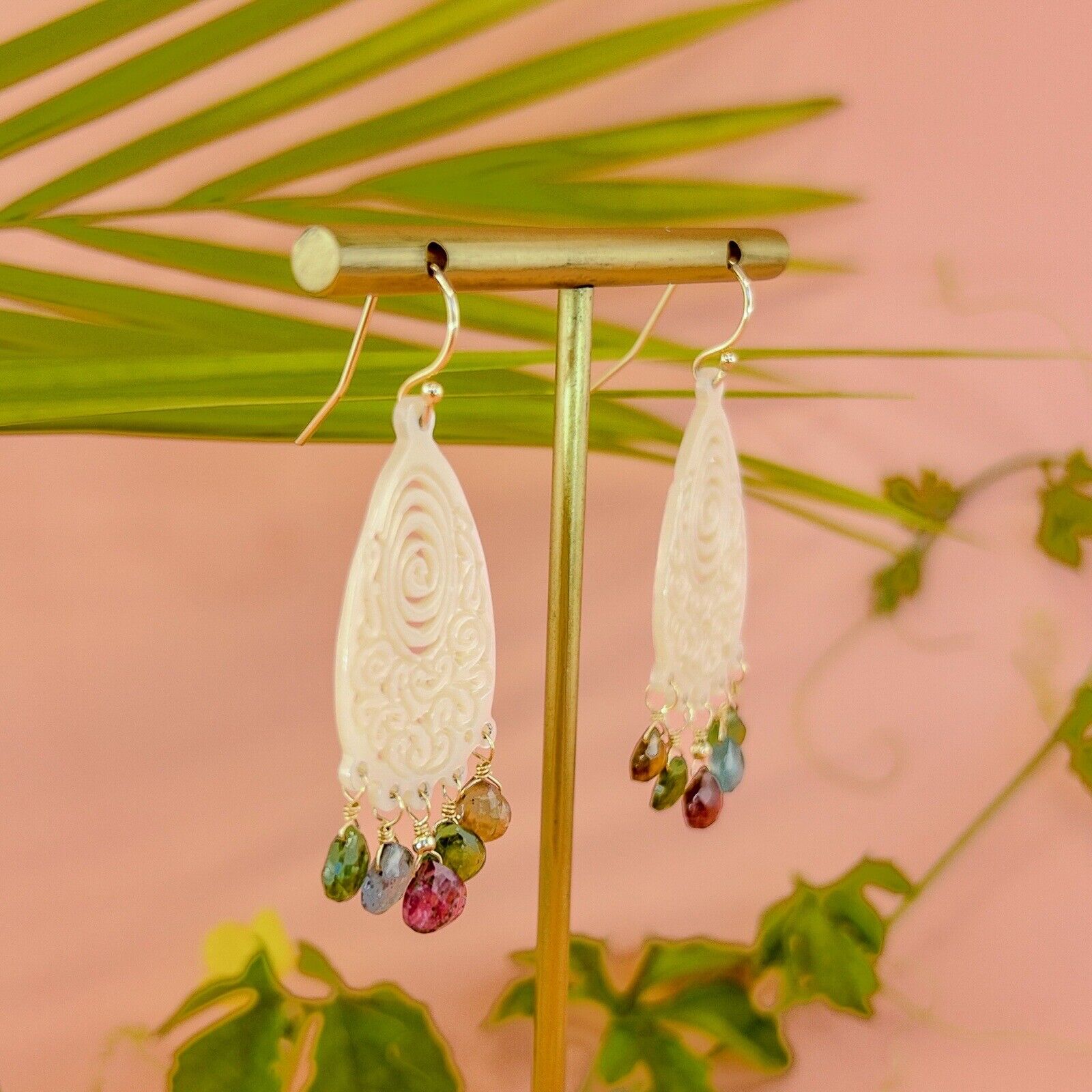 Solid 14k Yellow Gold Natural Tourmaline & Mother of Pearl Chandelier Earrings,