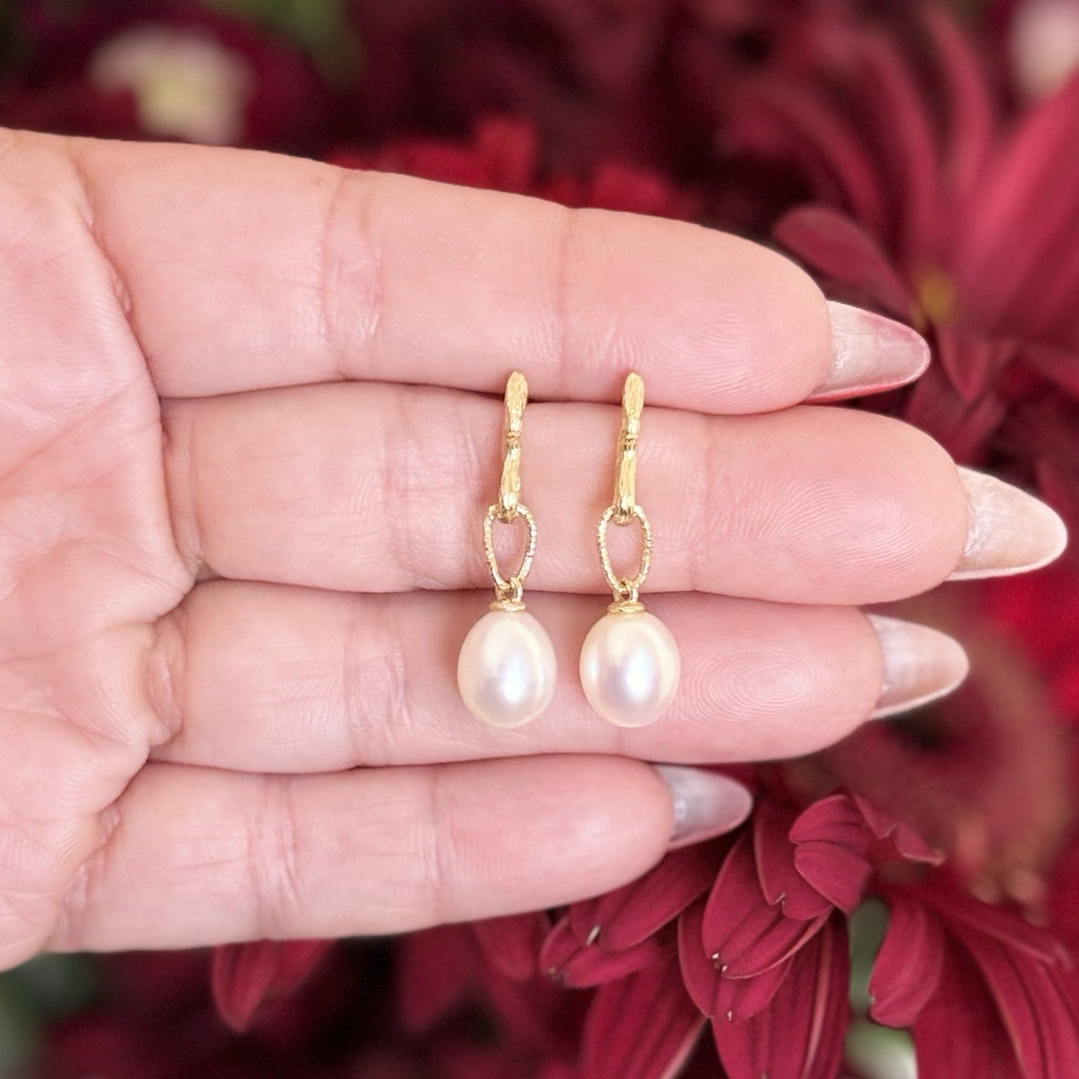 14k Yellow Gold Genuine Pearl Dangle Modernist Earrings, New