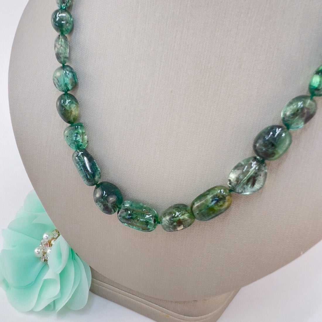 Genuine Emerald (170ct) 14k Yellow Gold Beaded Necklace, New 17.5"