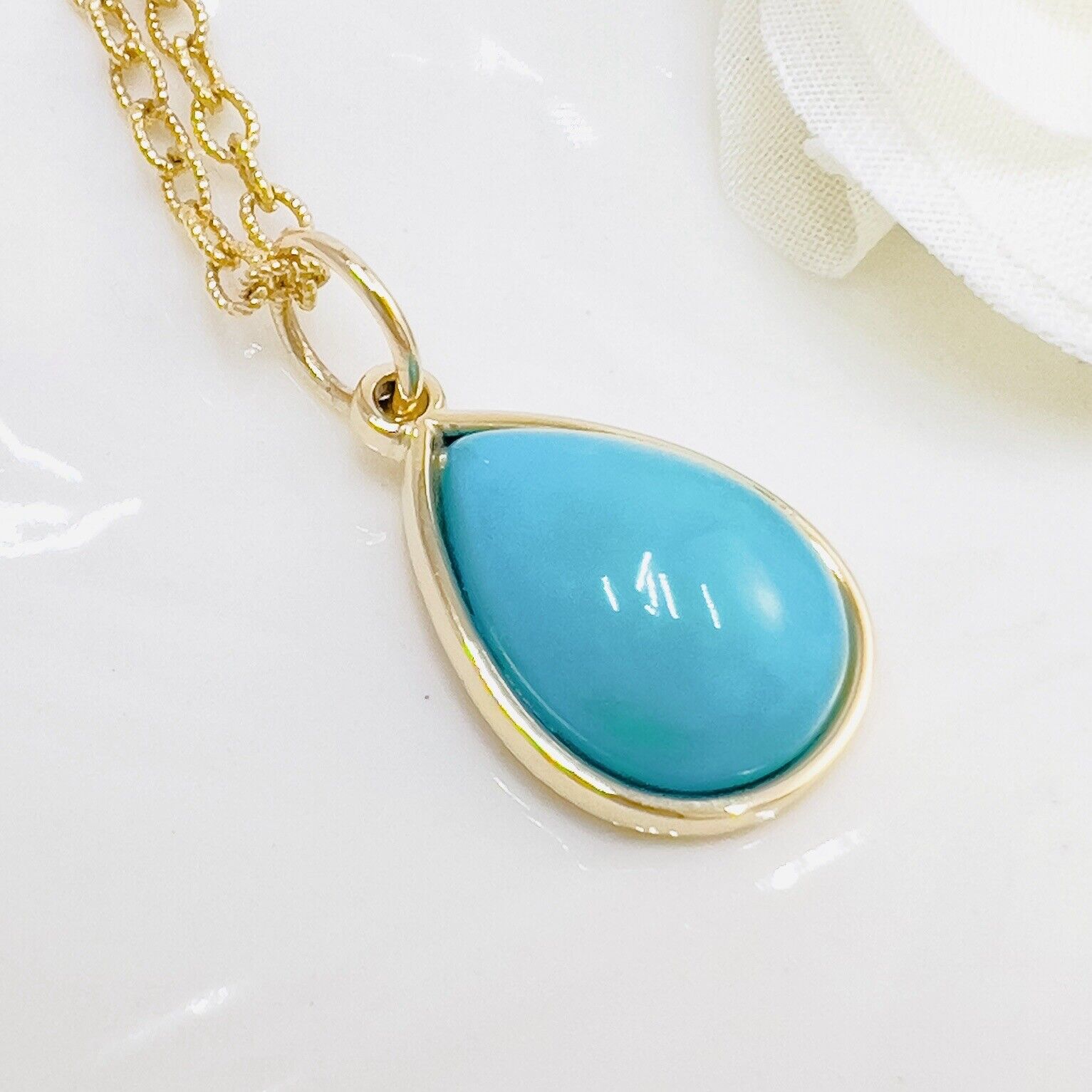 Natural Persian Turquoise 14k Yellow Gold Drop Pendant, Unisex, Handcrafted