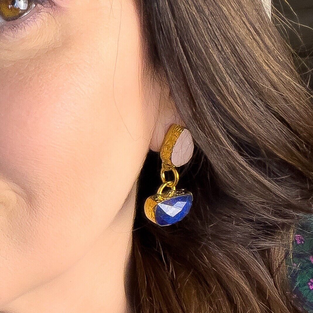 Etruscan Revival Genuine Rose Chalcedony & Lapis Lazuli GP Dangle/Drop Earrings