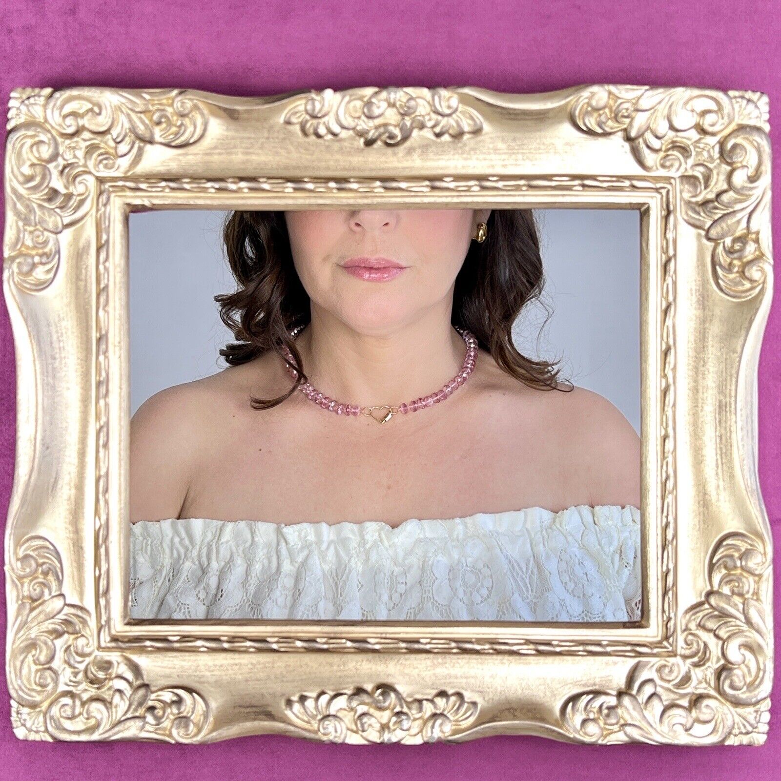 Solid 14k Yellow Gold Heart Clasp & Pink Topaz Necklace, New 17"