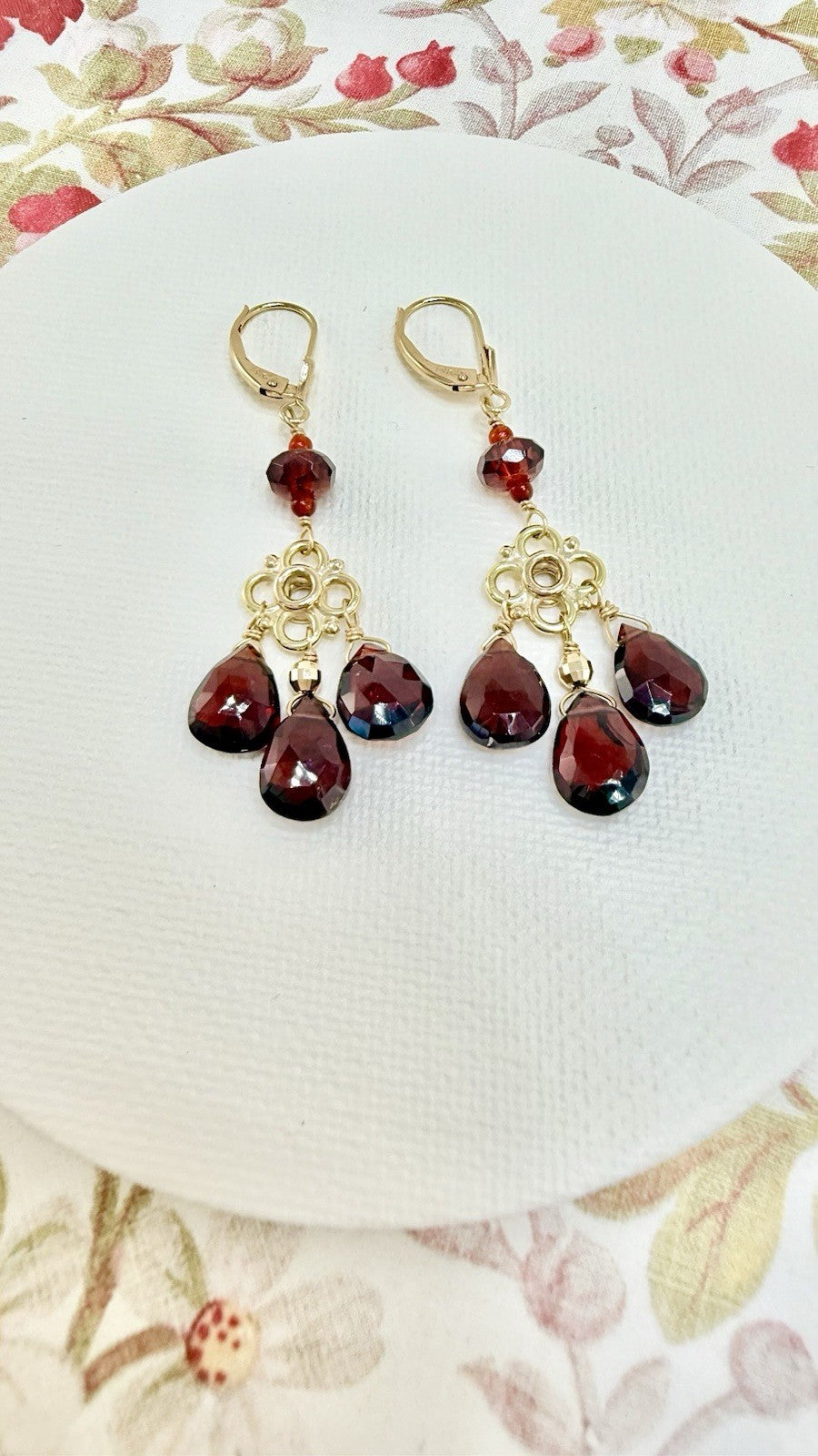 14k Yellow Gold Genuine Garnet Chandelier Dangle/Drop Earrings, New, 2.10" Long