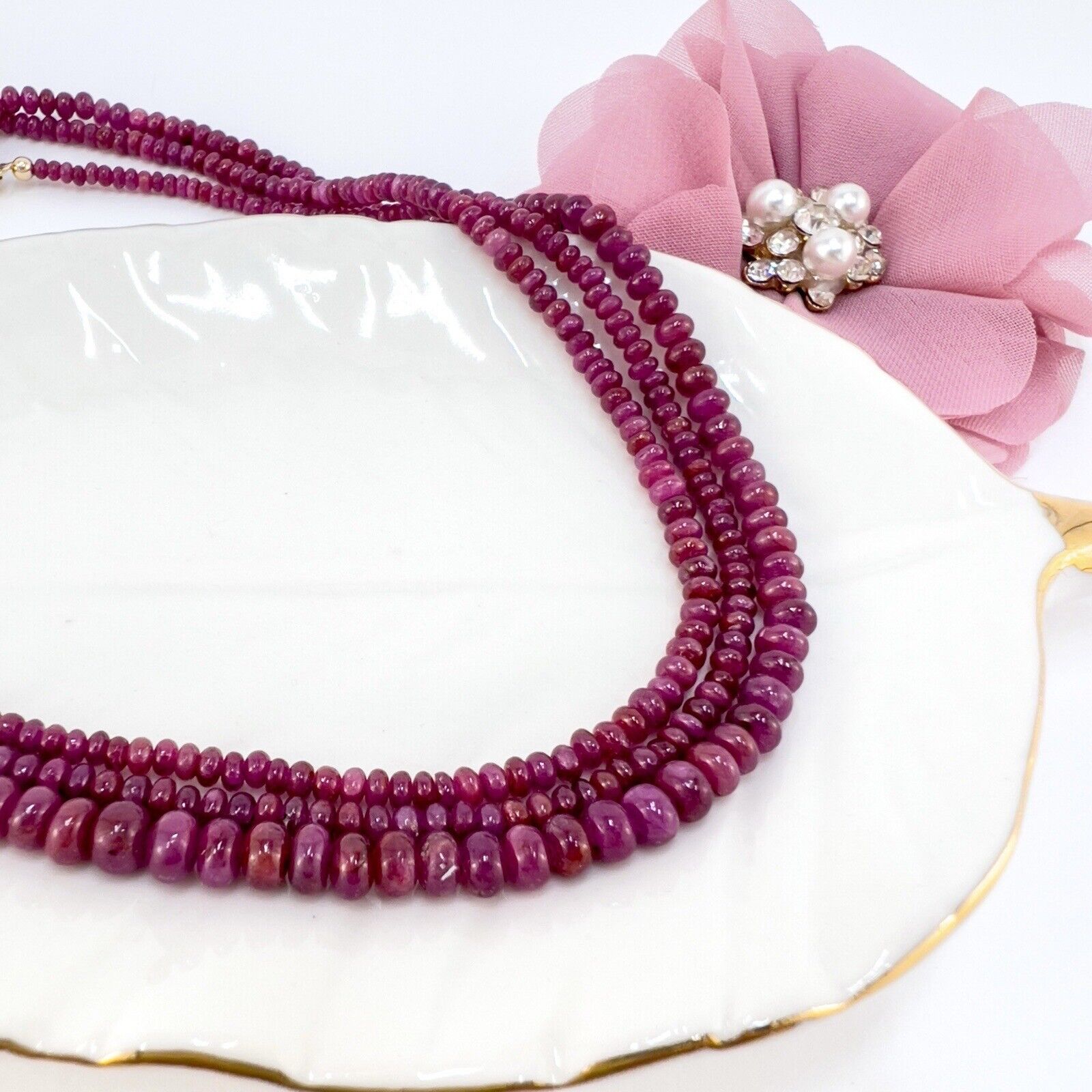 Natural Ruby Smooth Rondelle 14K Yellow Gold Necklace, New 43"