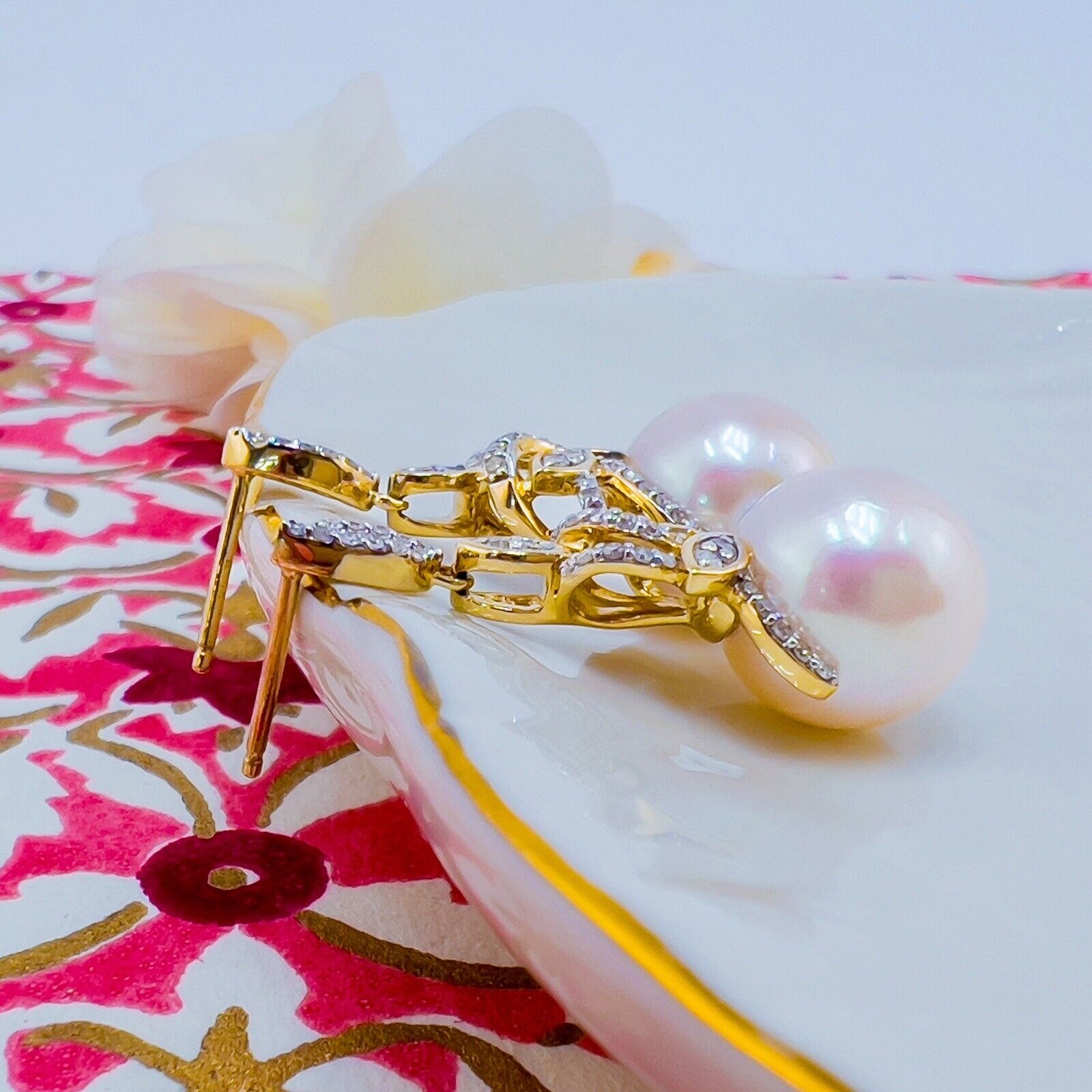 Genuine White Pearl (11.25mm) & Diamond 14k Yellow Gold Dangle Earrings, New