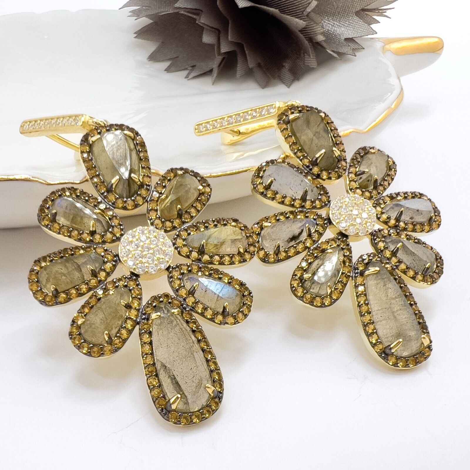 Genuine Labradorite Citrine & Cz Sterling Silver Vermeil Statement Earrings, New