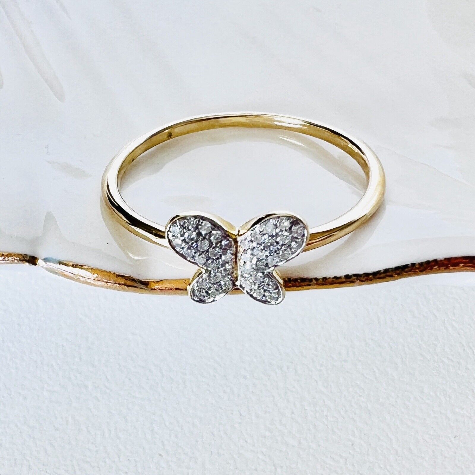 Solid 10k Yellow Gold Genuine Diamond Pave Butterfly Ring, Size 7