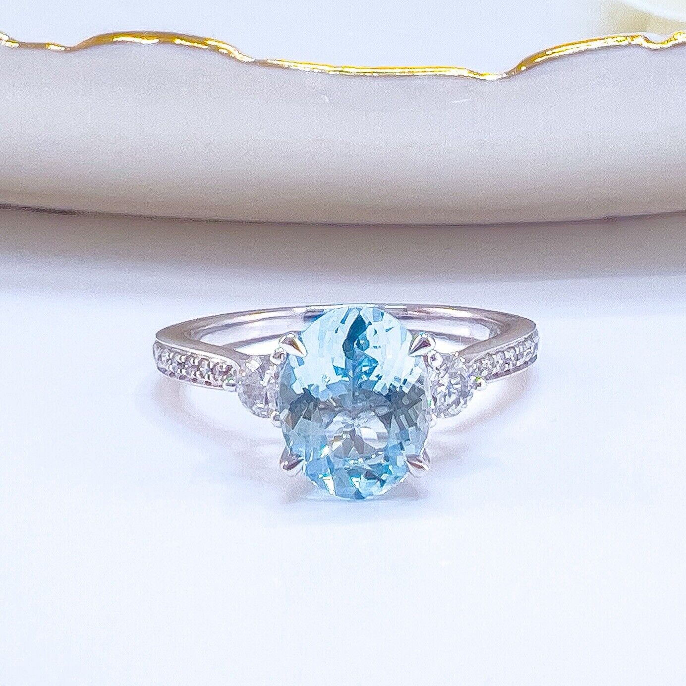 14k White Gold Genuine Aquamarine & Diamond Ring, New Size 7