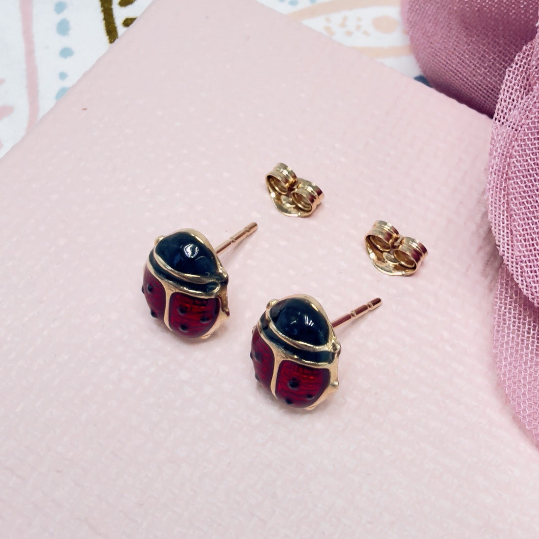 14k Yellow Gold Ladybug Enamel-Work Stud Earrings, New
