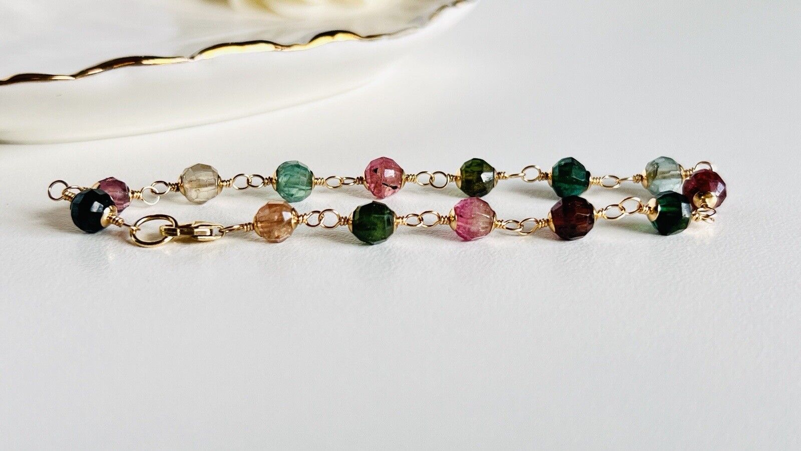 Solid 14k Yellow Gold Genuine Tourmaline Wire-Wrapped Beaded Bracelet, New 7.75”