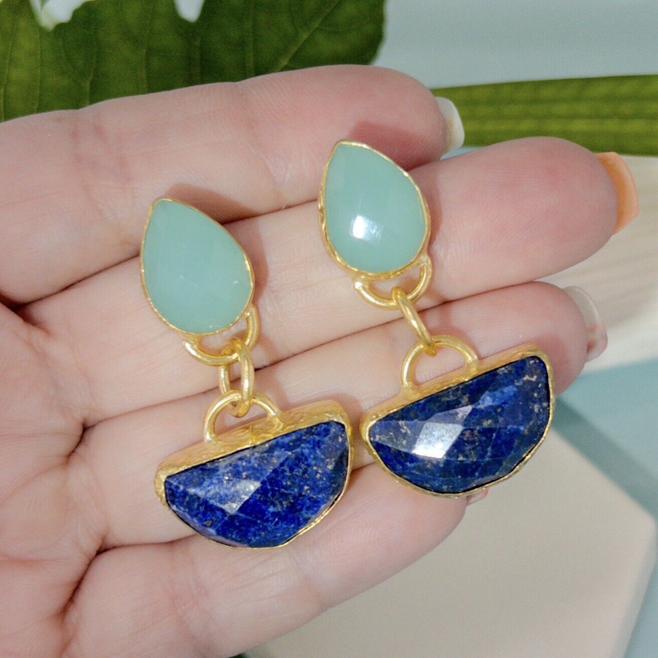 Etruscan Revival Genuine Green Chalcedony & Lapis Lazuli GP Dangle/Drop Earrings