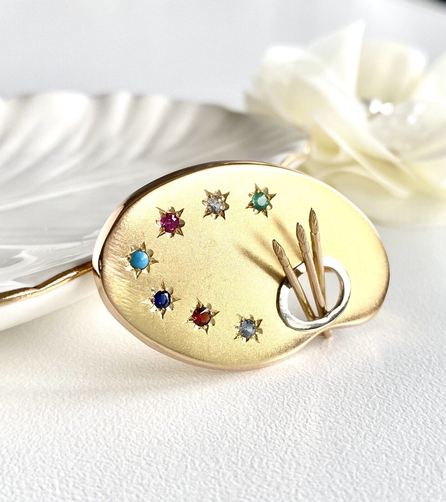 18k Yellow Gold Artist's Palette Multi-Gemstone Pin/Pendant, Italy, Pre-owned