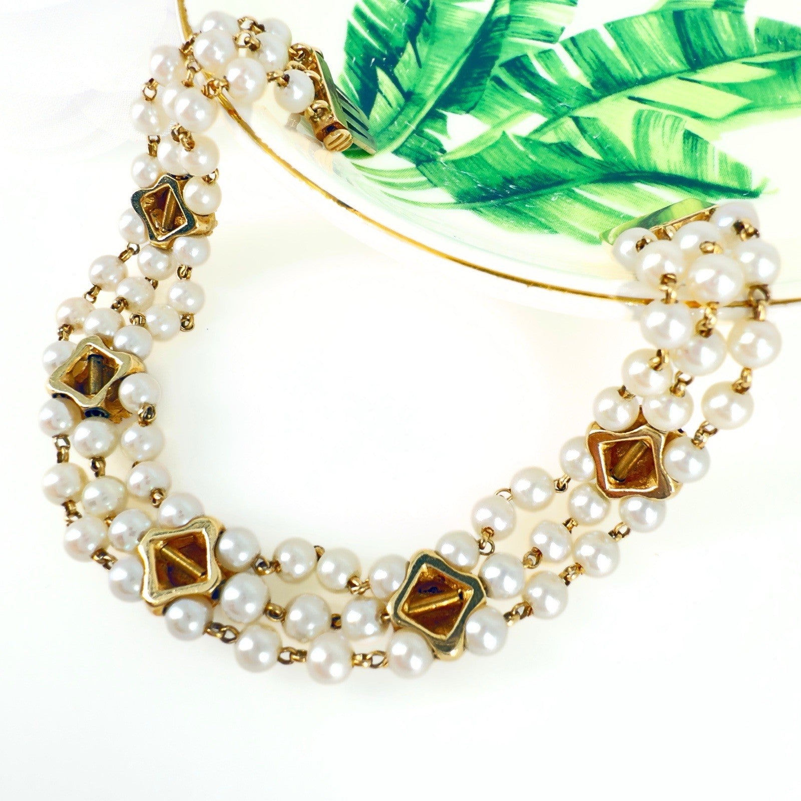 14k Gold Vintage Akoya Pearl 3-Row Bracelet & Garnet Slide Bracelet Charms