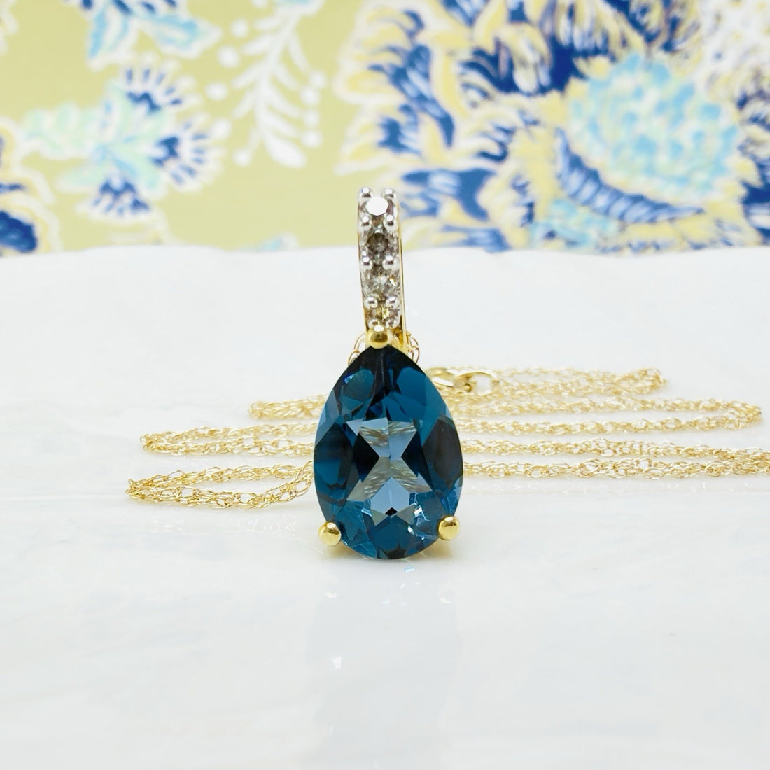 14k Yellow Gold Genuine London Blue Topaz & Diamond Pendant/Necklace, 18"