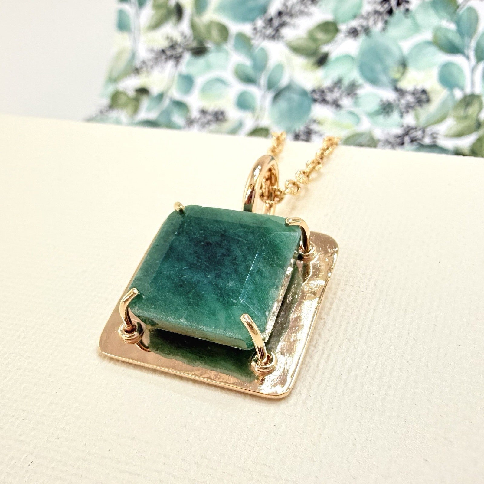 14k Yellow Gold Genuine Emerald Modernist Unisex Pendant, Newly Handcrafted