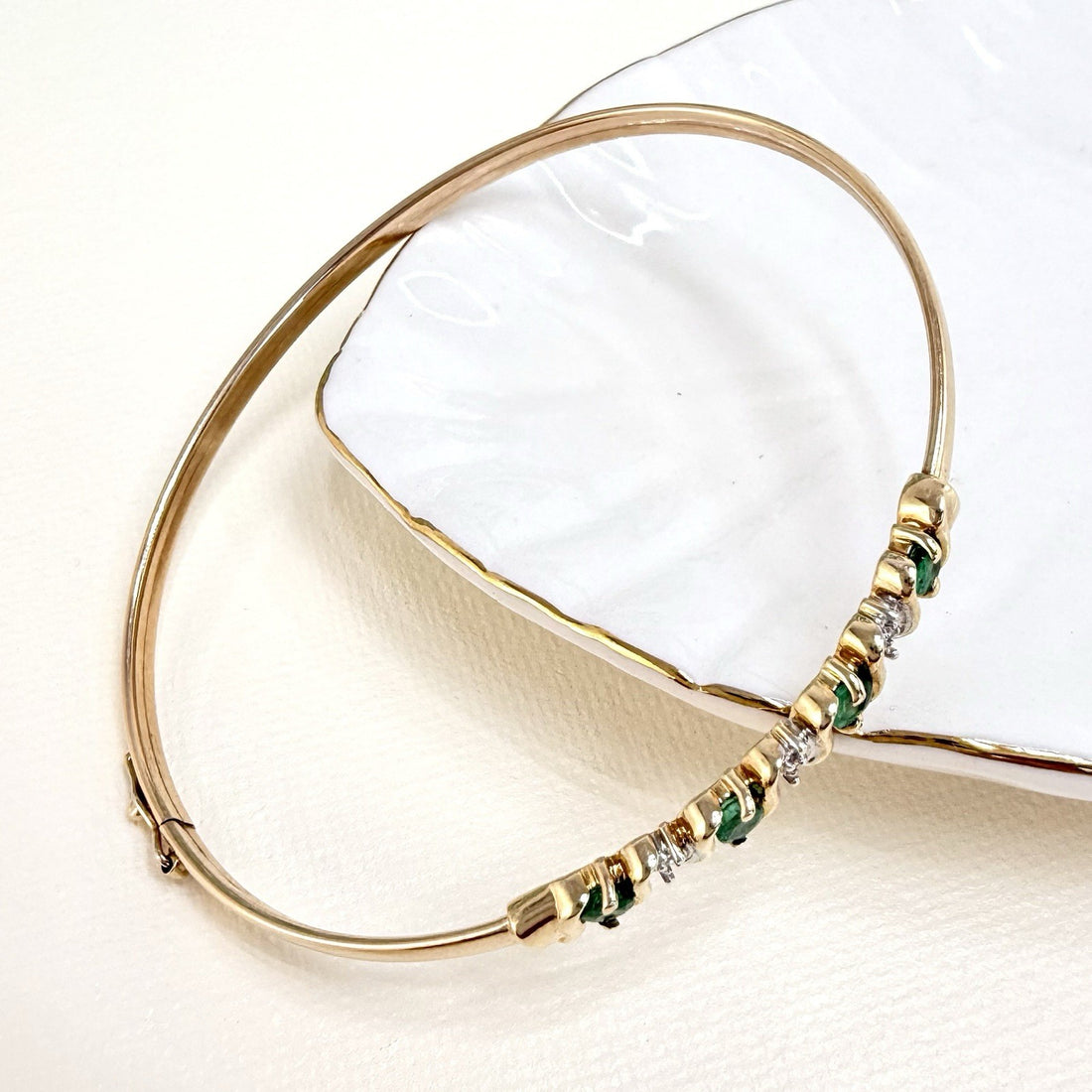 10k Yellow Gold Genuine Emerald & Diamond Bangle Bracelet, Preowned