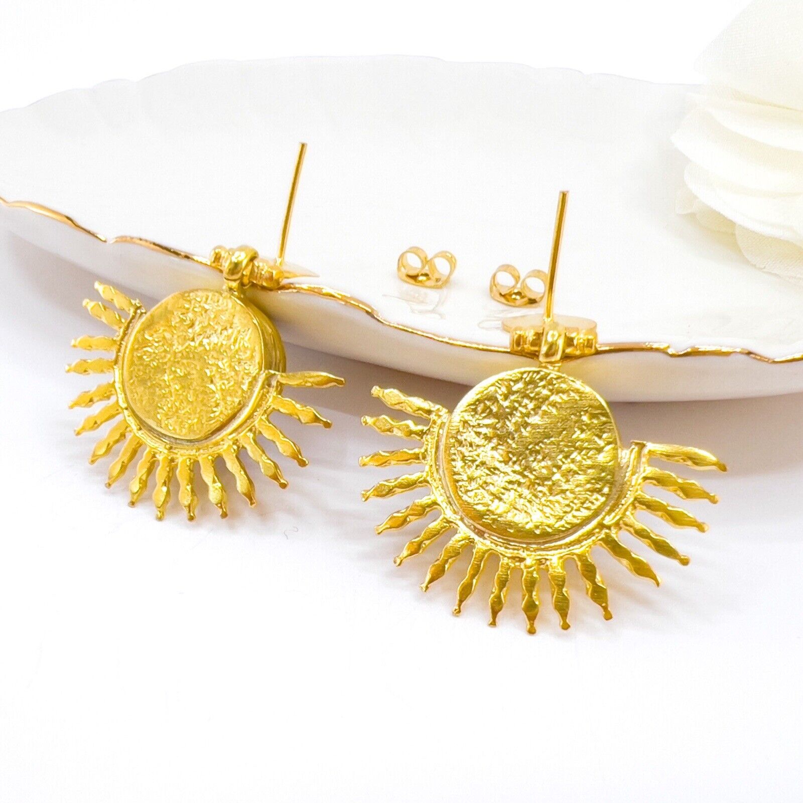 Etruscan Style Ruby Quartz Heavy Gold Plated Sunburst Dangle Earrings New 1.48"