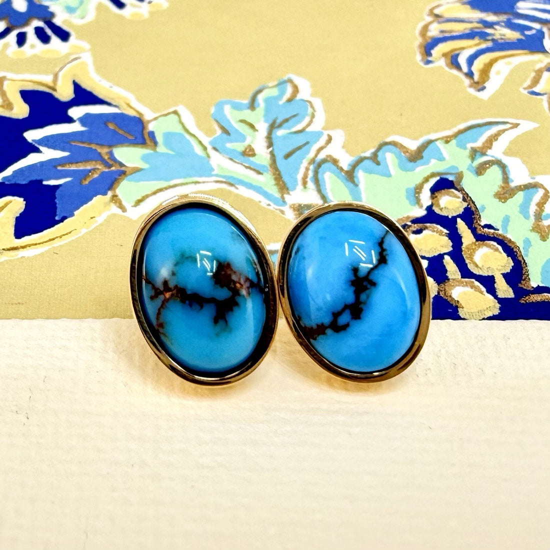 14k Yellow Gold Egyptian Turquoise Custom Made Stud Earrings, New Pair #2