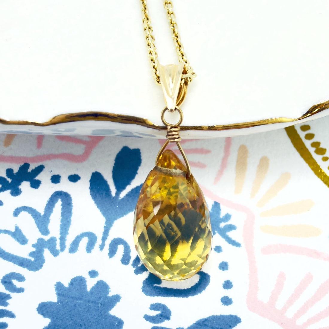 14k Yellow Gold Genuine Citrine Drop Pendant, 1" New