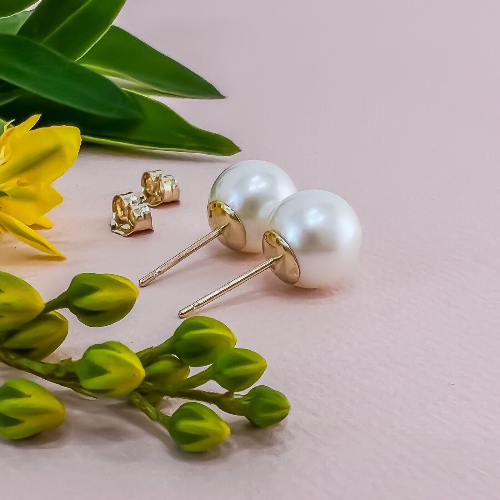 Solid 14k Yellow Gold Genuine 10.1mm Pearl Studs w/ Premium Backs, New