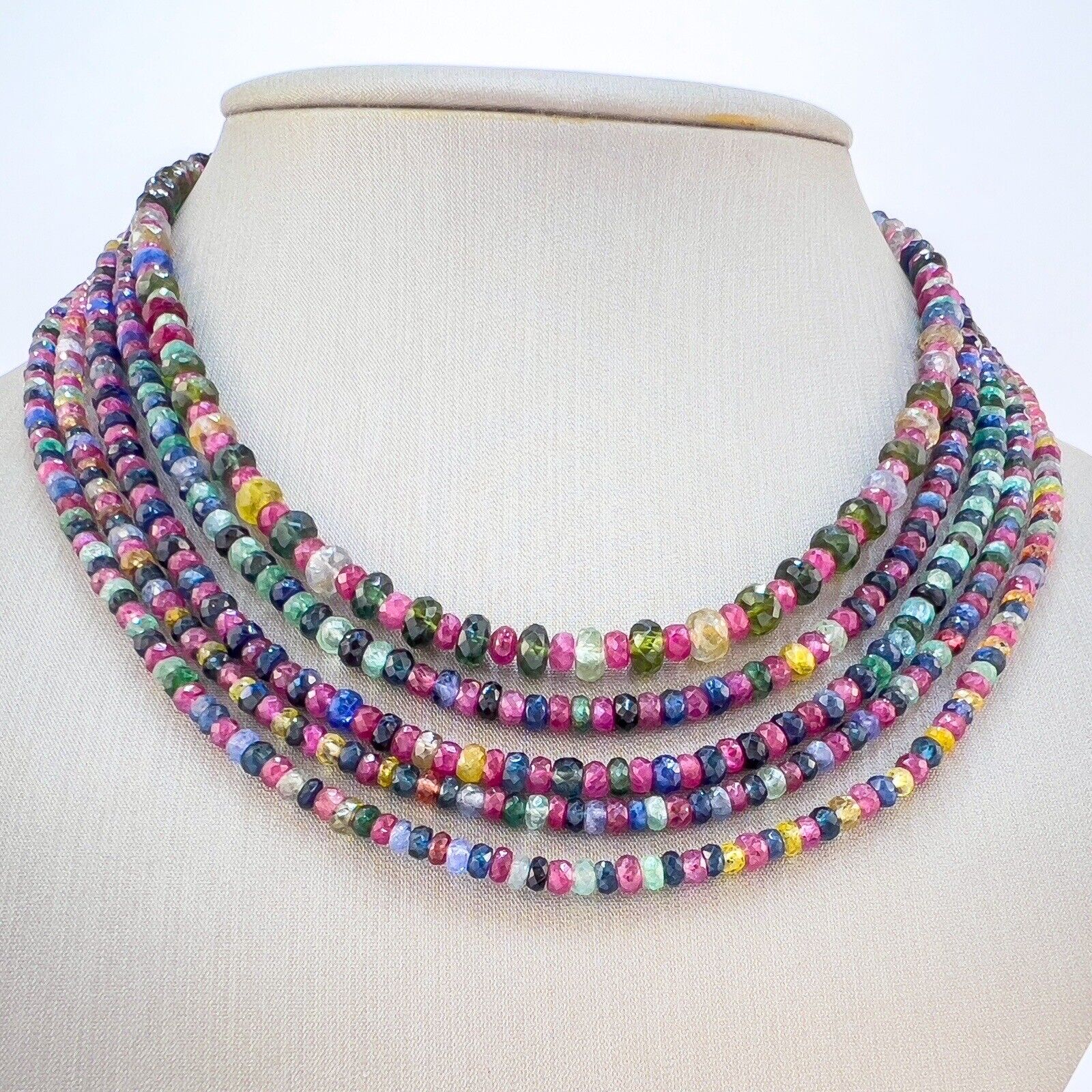 Genuine Multicolor Sapphire, Ruby & Emerald 14K Yellow Gold Necklace, New 82"