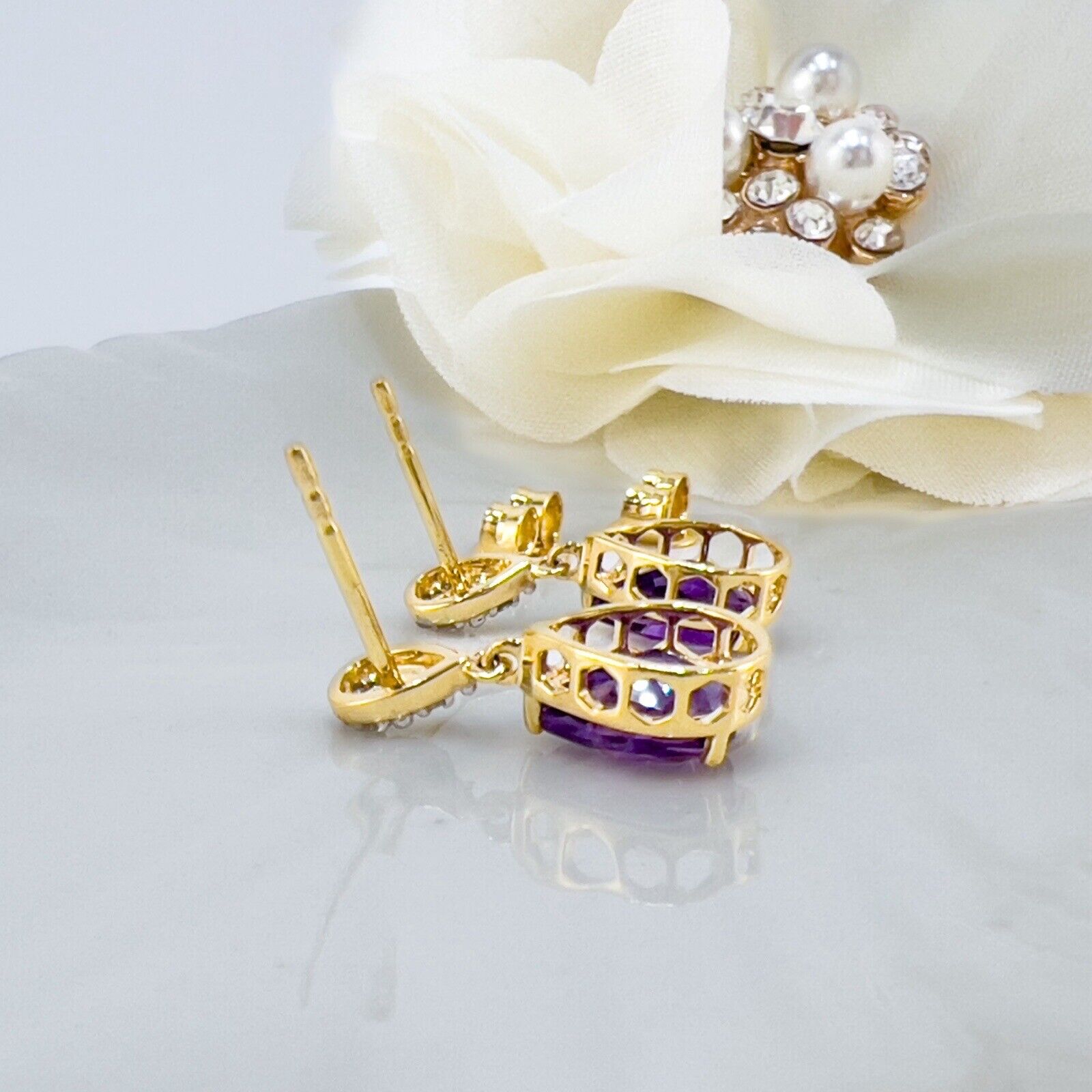 Genuine Amethyst & Diamond Solid 10k Yellow Gold Dangle/Drop Earrings