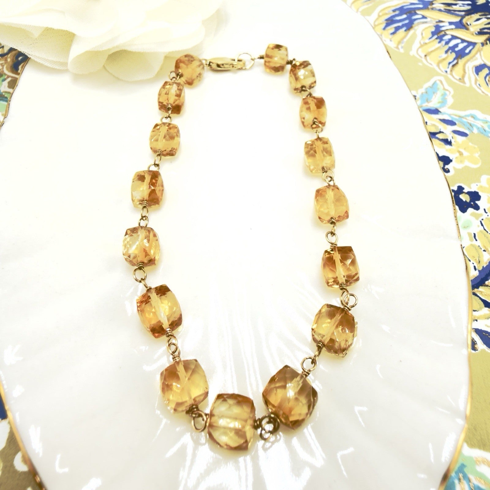 14k Yellow Gold Genuine Citrine Cube Handcrafted Bracelet, 8.25"