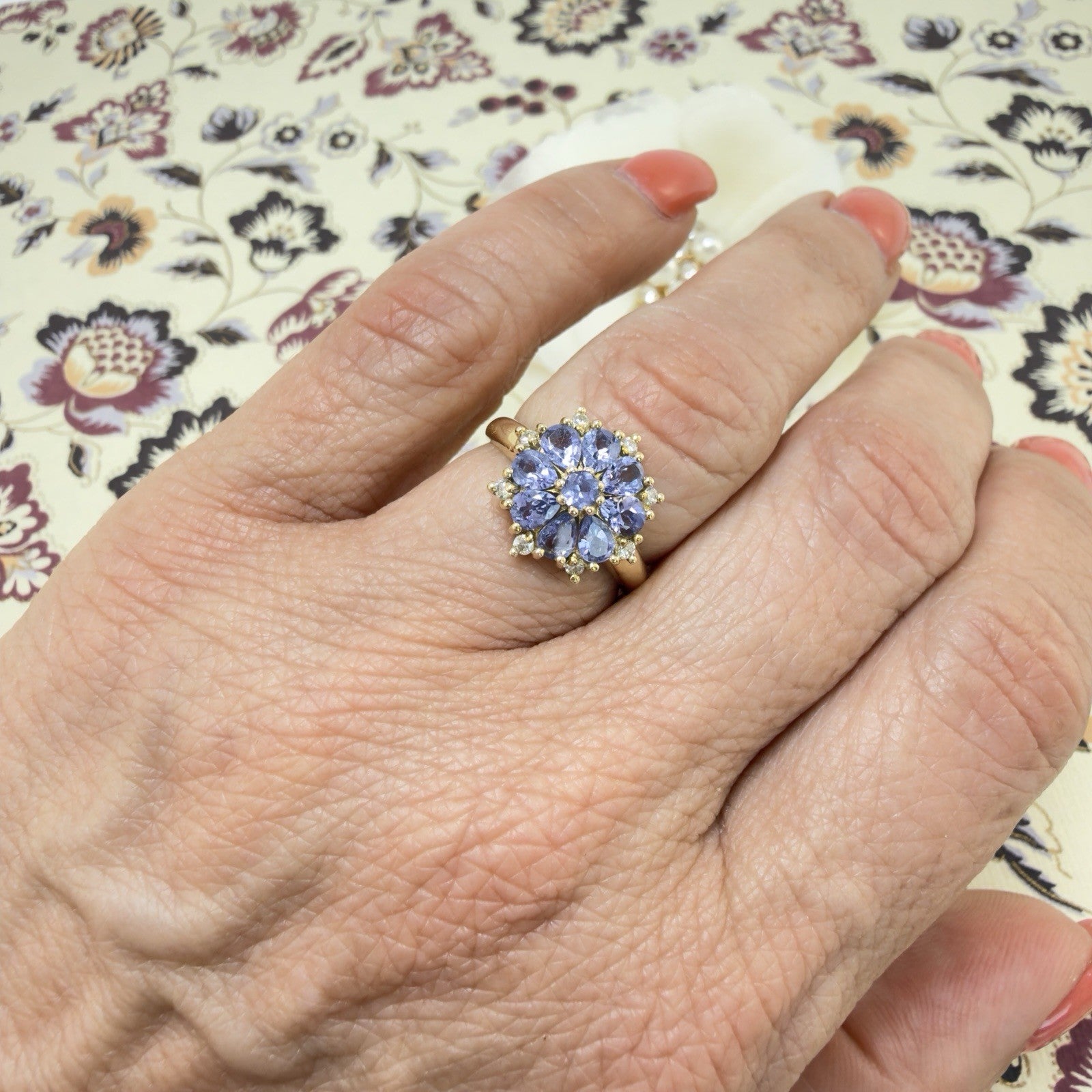 14k Yellow Gold Tanzanite &Diamond Rosette Ring, Size 6