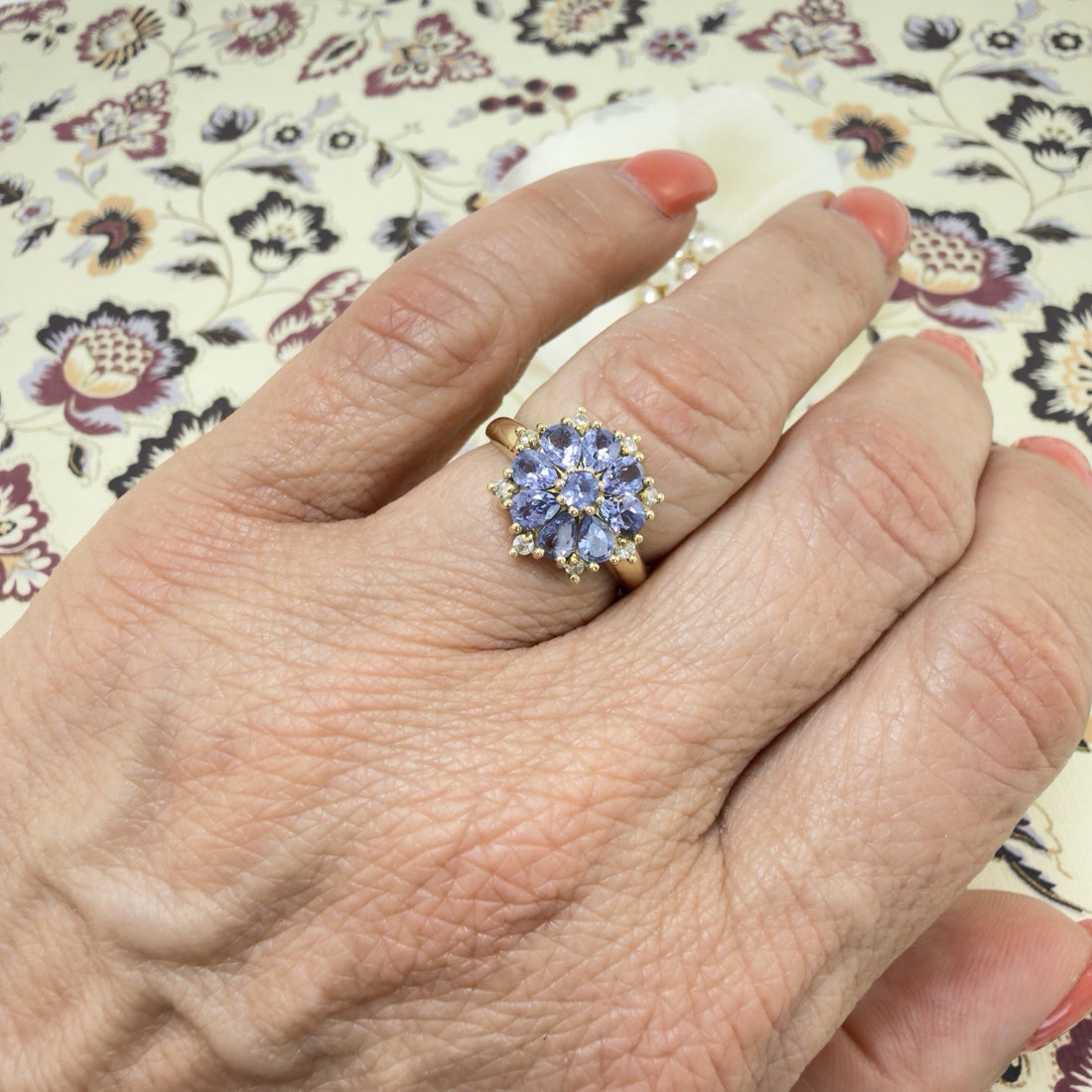 14k Yellow Gold Tanzanite &Diamond Rosette Ring, Size 6