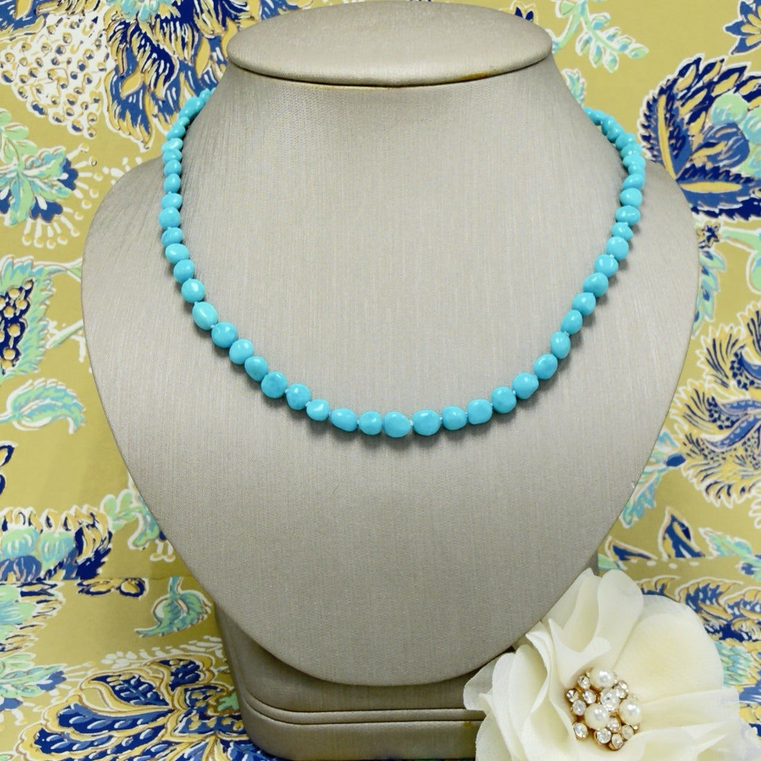 14k Yellow Gold Sleeping Beauty Turquoise Necklace, New, Adjustable 17.5-19.5"