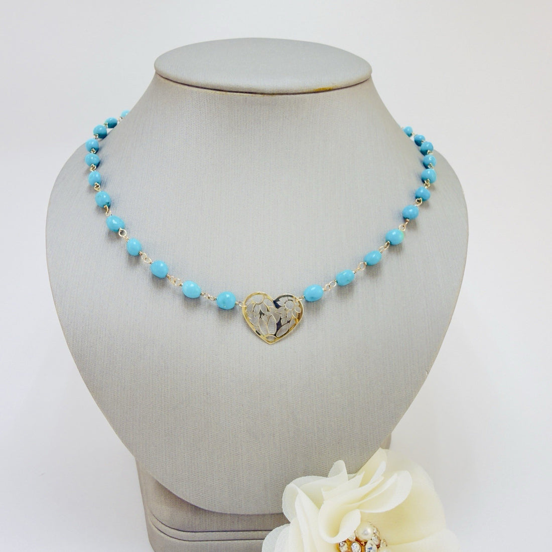 14k Sleeping Beauty Turquoise with Pierce-Work Heart Pendant Necklace, 18.25"