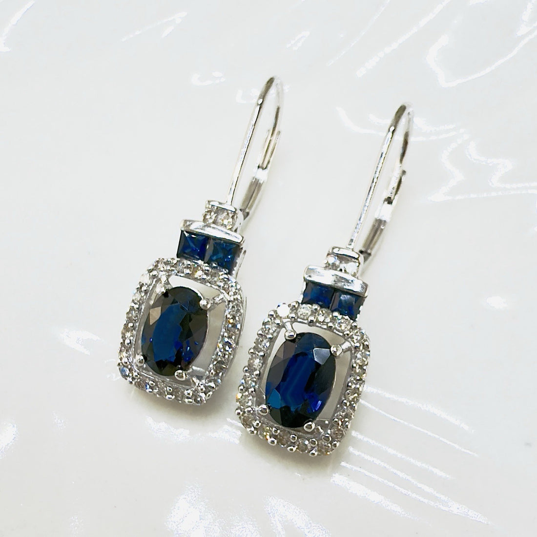 14k White Gold Genuine Sapphire & Diamond Leverback Dangle/Drop Earrings, New 1"