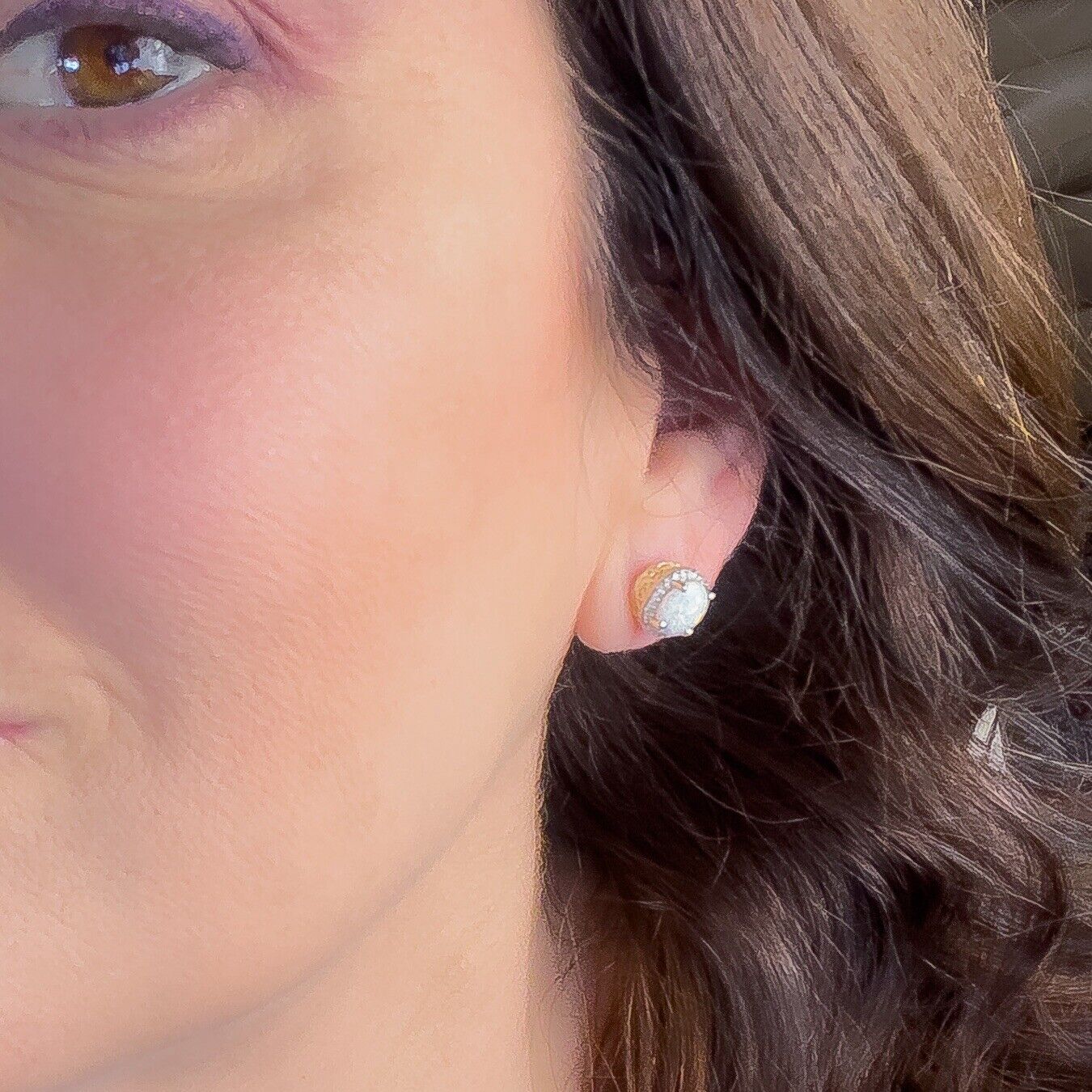 Solid 10k Yellow Gold Lab-Created Opals & Genuine Diamond Stud Earrings, New