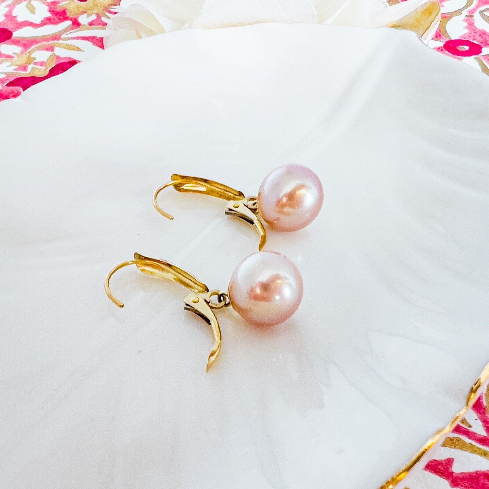 14k Yellow Gold Genuine 9mm Champagne-Rose Pearl Dangle Leverback Earrings  1"