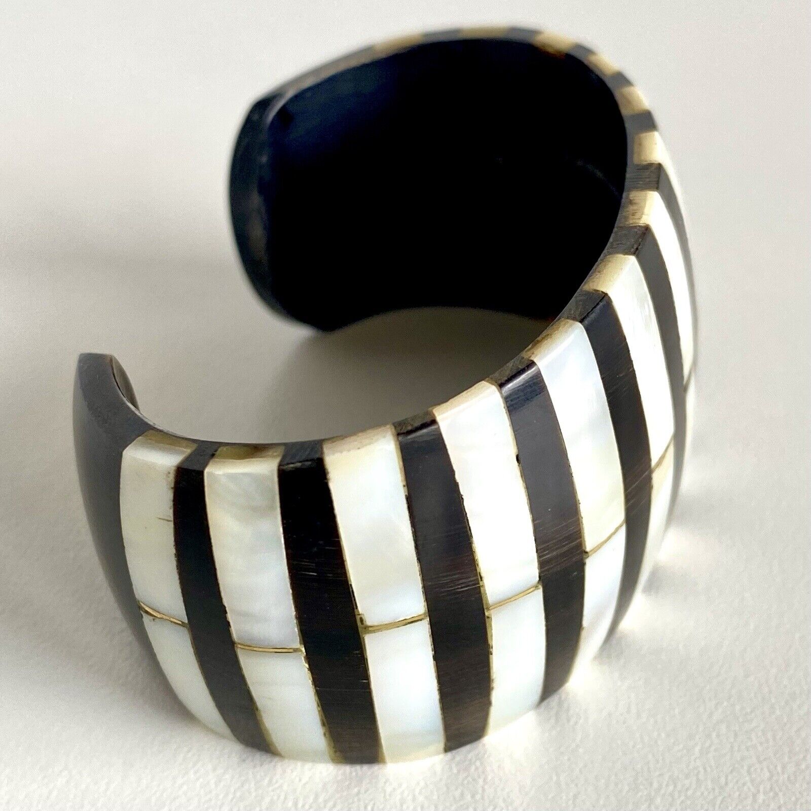 Vintage Mother of Pearl & Horn Inlay Bohemian Cuff Bracelet, Small