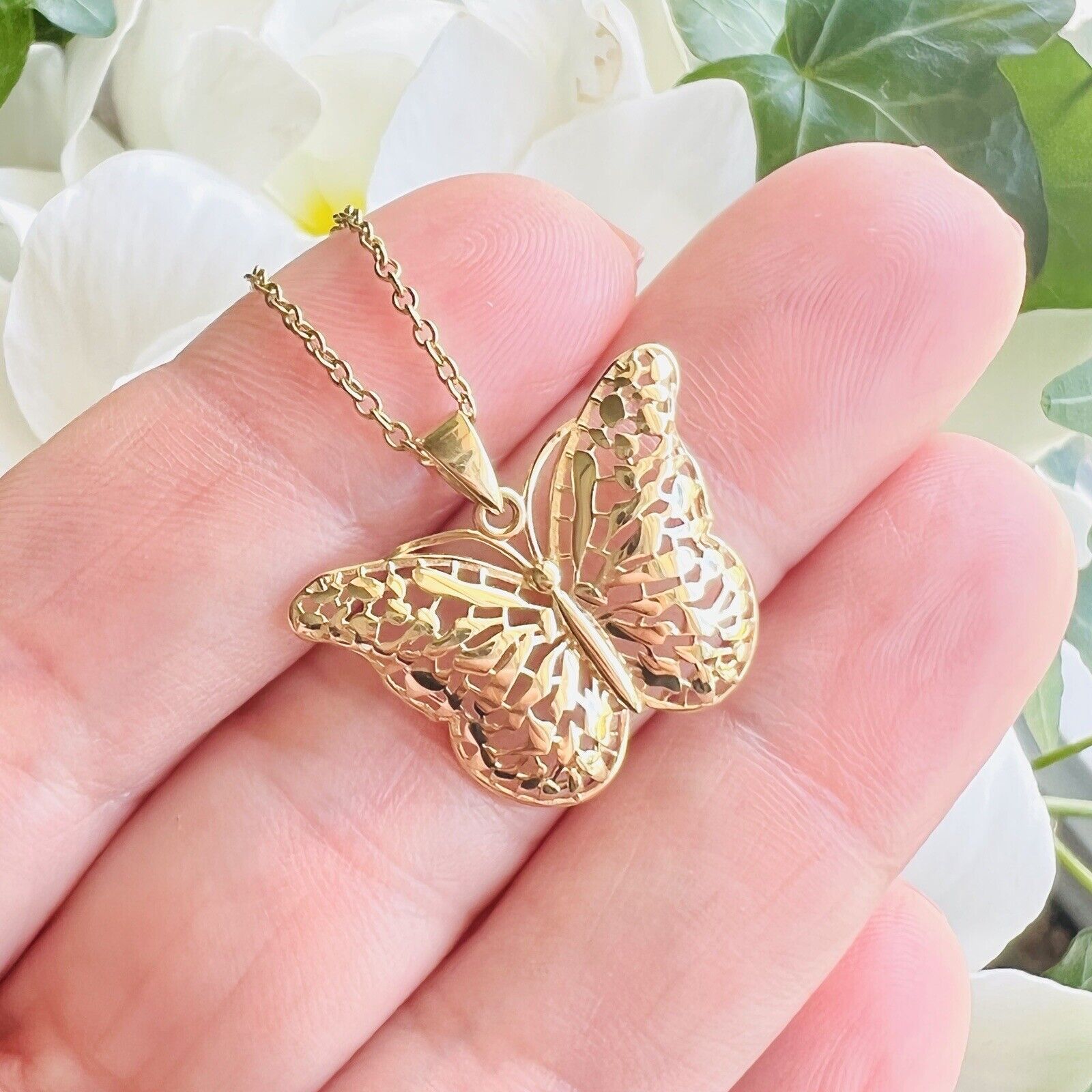 Solid 14k Yellow Gold Filigree Butterfly Pendant/Charm, New, 0.94"