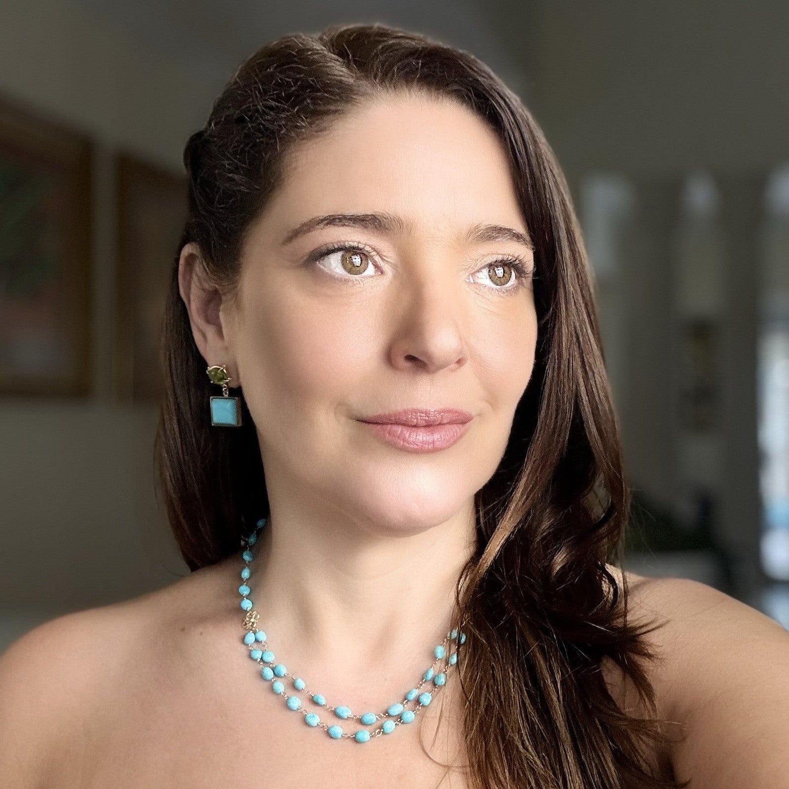 14k Yellow Gold Genuine Sleeping Beauty Turquoise Handcrafted Necklace, 16.5-18"