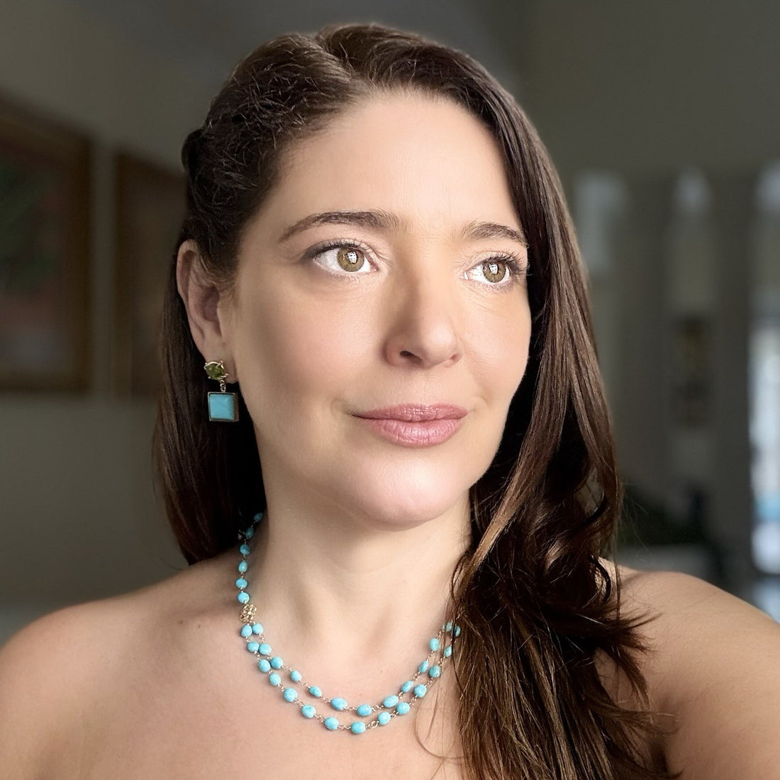 14k Yellow Gold Genuine Sleeping Beauty Turquoise Handcrafted Necklace, 16.5-18"