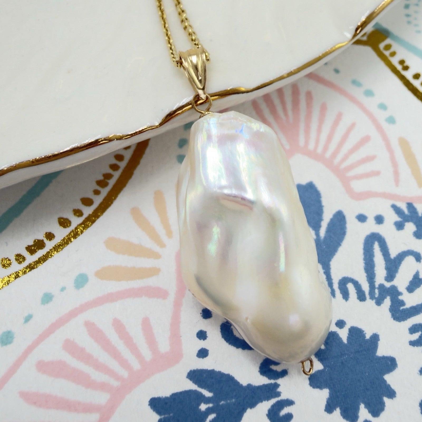 14k Yellow Gold Genuine Baroque Pearl Pendant, New 1.5"