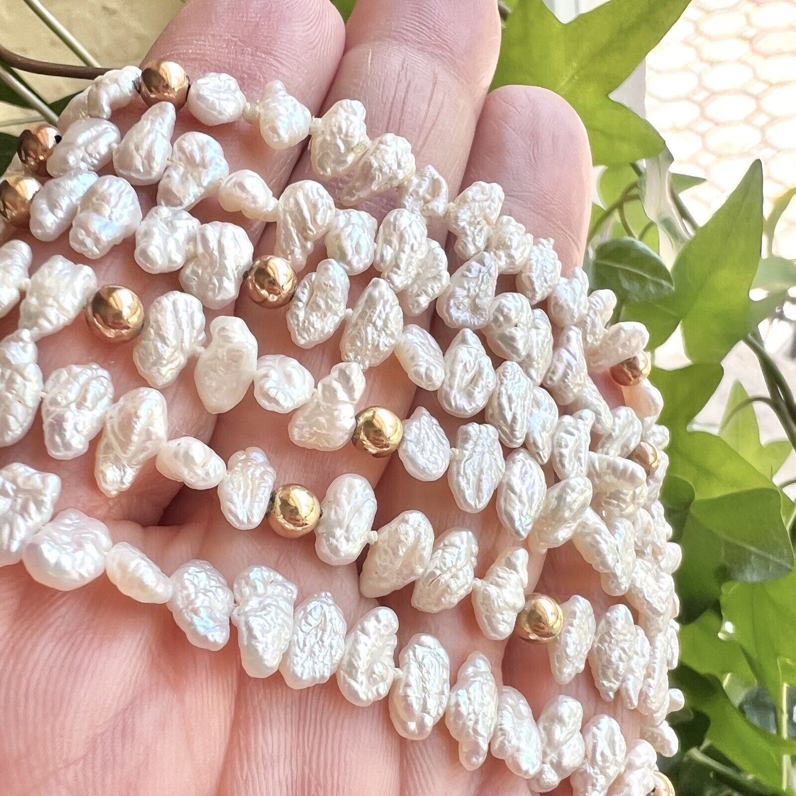 Vintage Unique 72” Freshwater Pearls & Solid 14k Yellow Gold Beaded Endless Neck